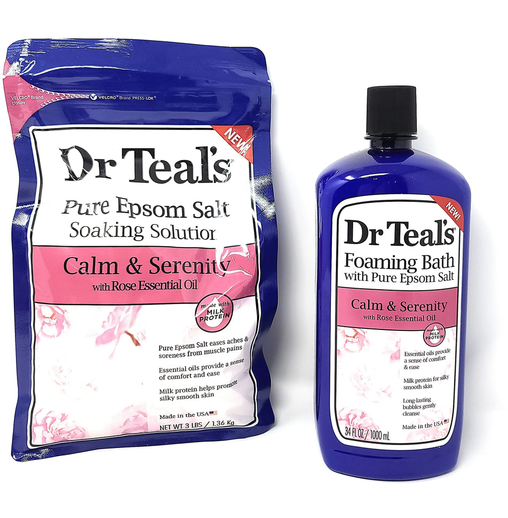 Dr Teal's Calm & Serenity Rose Oil Bundle - Epsom Salt Soak + Foaming Bath (3 lb / 34 oz) - Made in USA