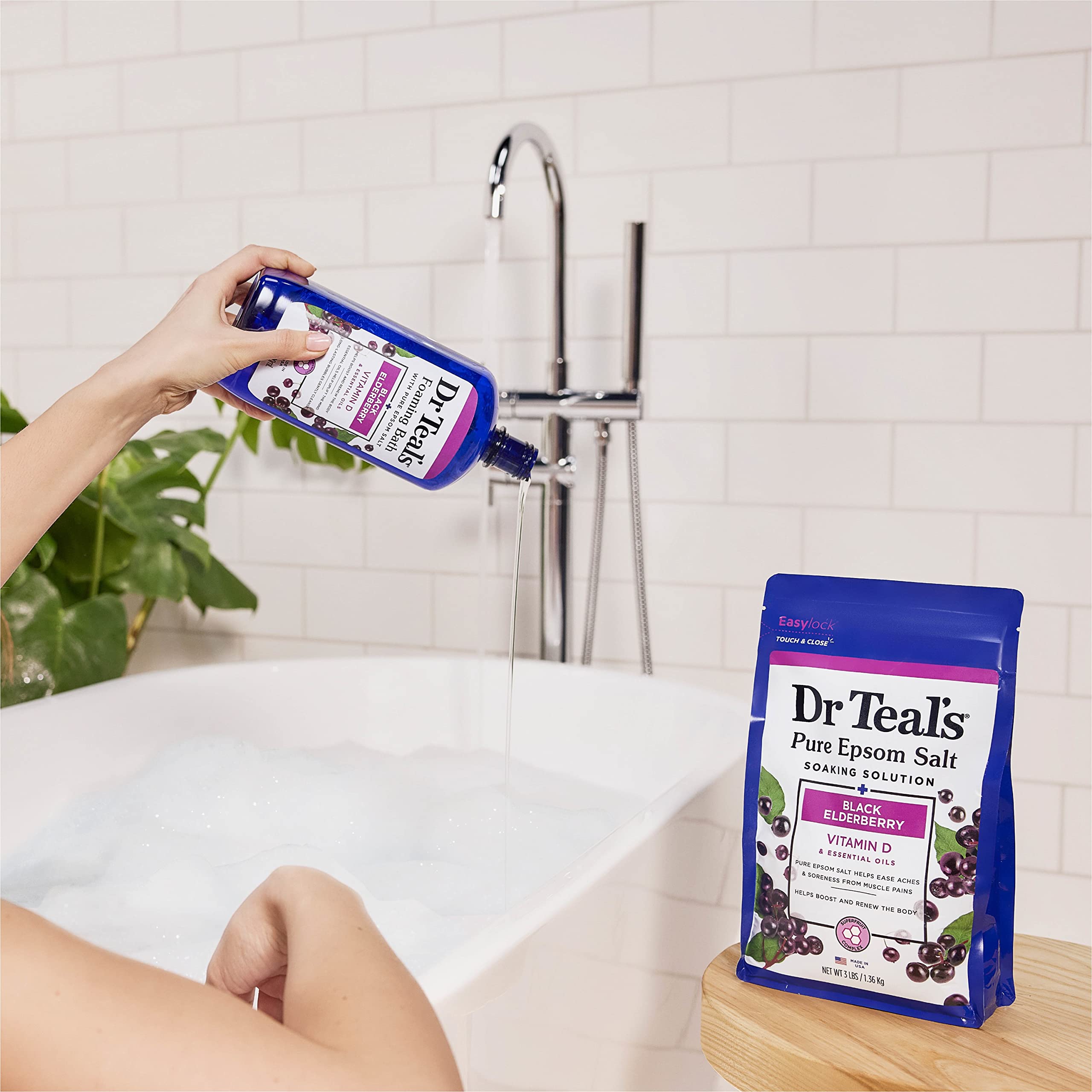 Dr Teal's Foaming Bath with Pure Epsom Salt, Black Elderberry & Vitamin D — 34 oz (Pack of 4)