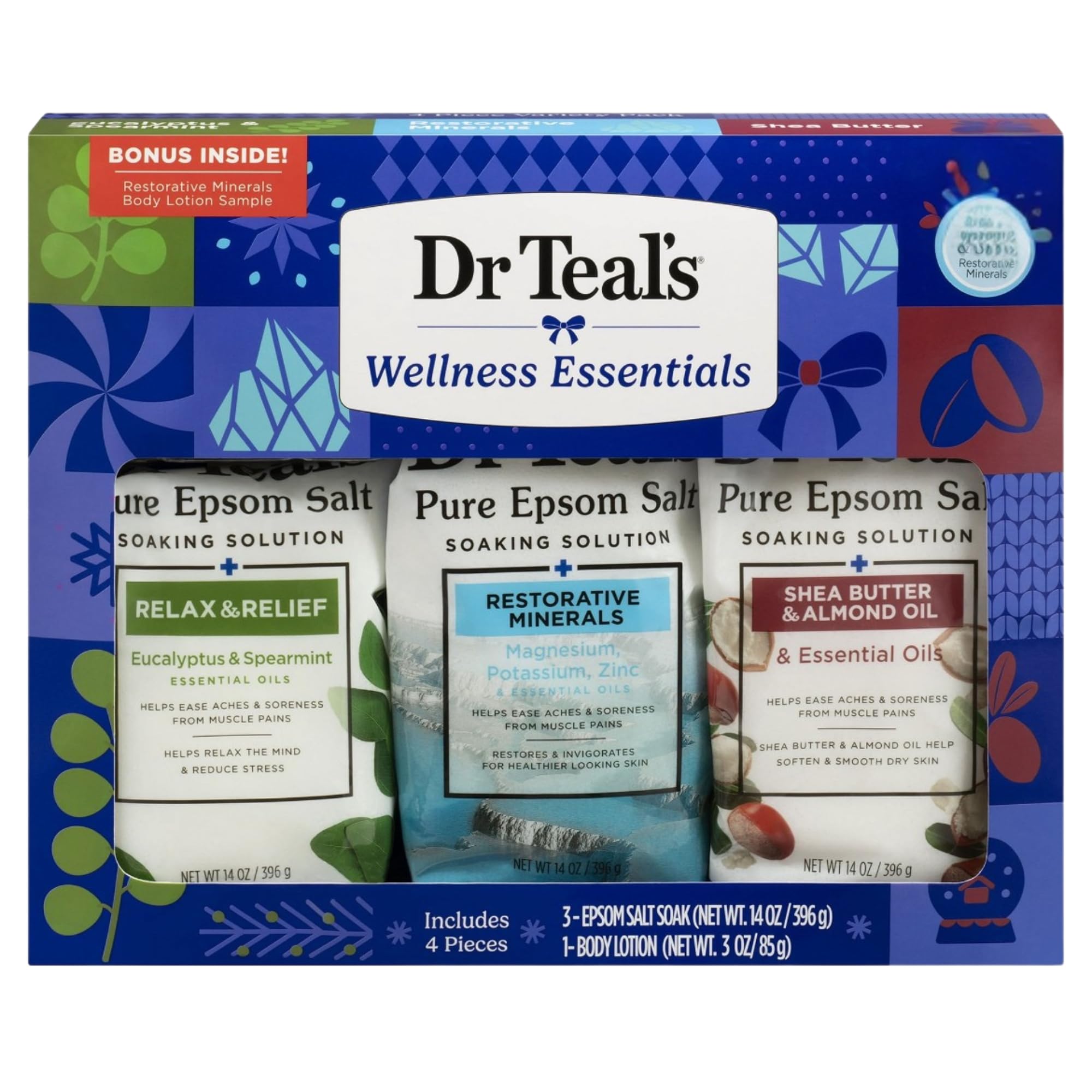Dr Teal's Holiday Edition Pure Epsom Salt Gift Set, 3 Pack — Eucalyptus Spearmint, Restorative Minerals, Shea Butter & Almond Oil
