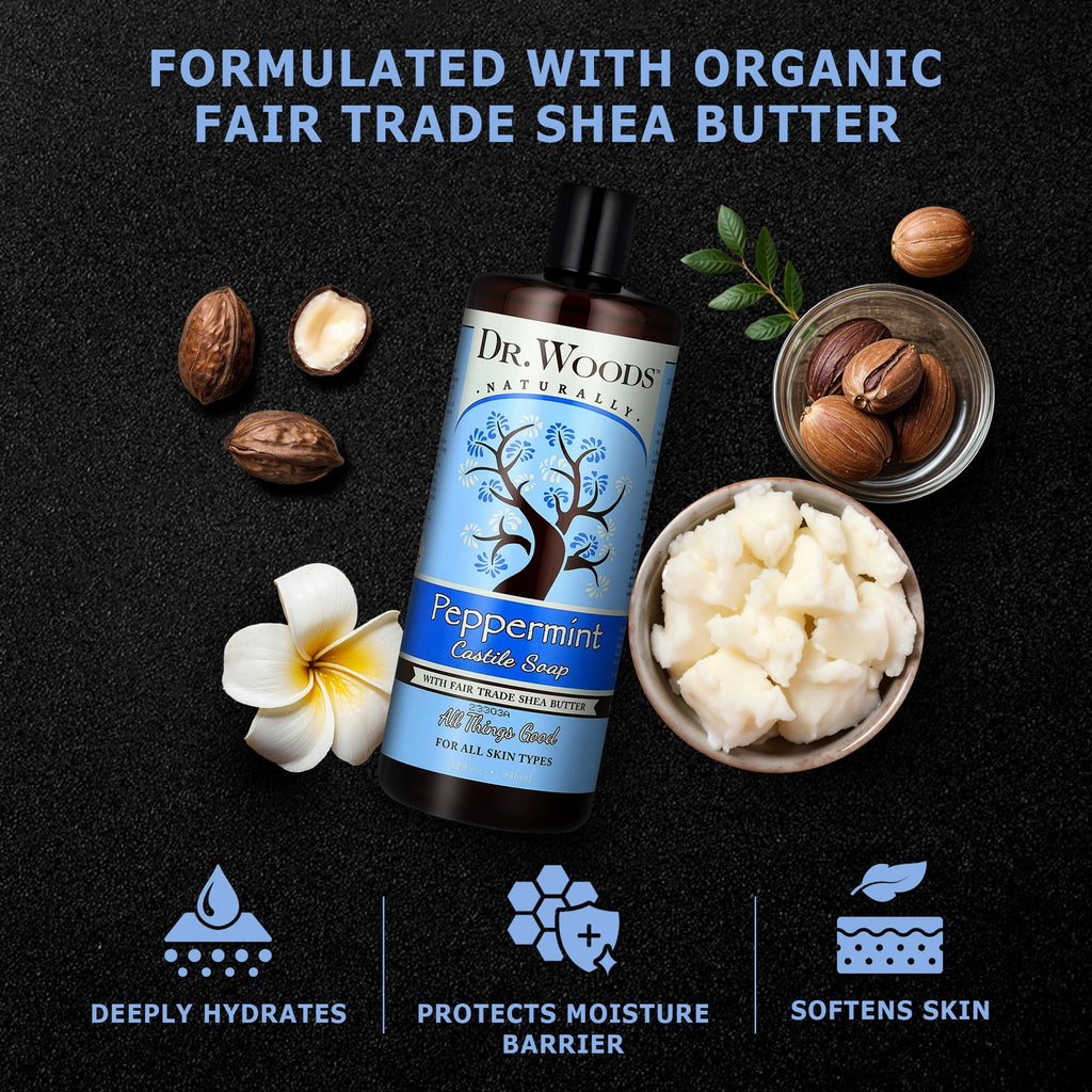 Dr. Woods Peppermint Liquid Castile Soap with Pump – Organic Shea Butter & Gentle Face & Body Cleanser (32 Fl Oz)