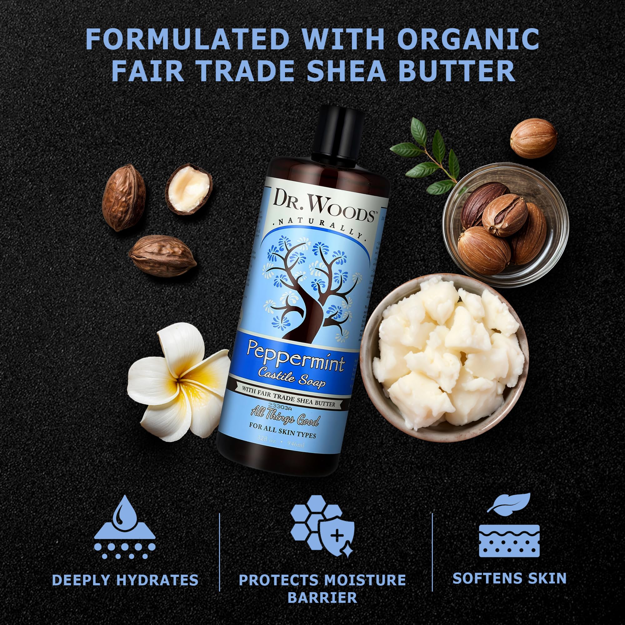 Dr. Woods Peppermint Liquid Castile Soap with Pump – Organic Shea Butter & Gentle Face & Body Cleanser (32 Fl Oz)