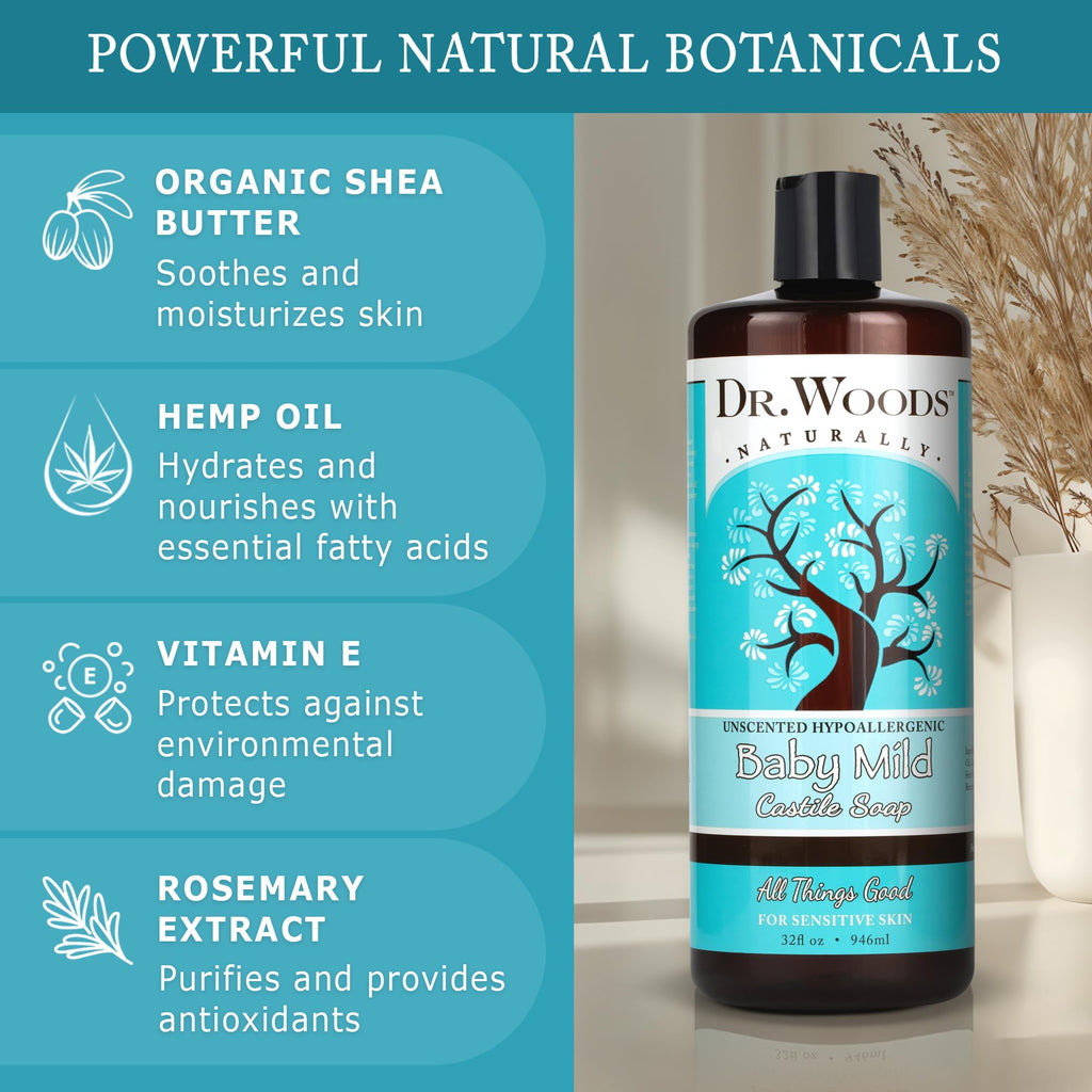 Dr. Woods Unscented Baby Mild Castile Soap - Gentle, Fragrance-Free Cleanser with Hemp Oil & Vitamin E, 32 oz (2-Pack) | Paraben, Sulfate & Phthalate Free