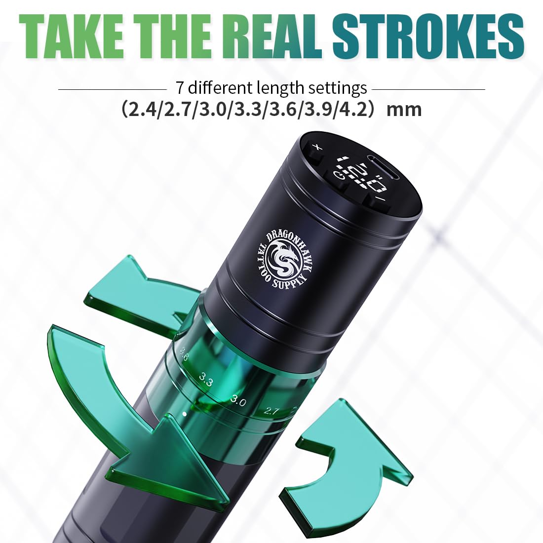 Dragonhawk A2 Wireless Tattoo Pen Kit – 2 Batteries, Adjustable Stroke 2.4–4.2mm, Quiet Mcore-A Motor