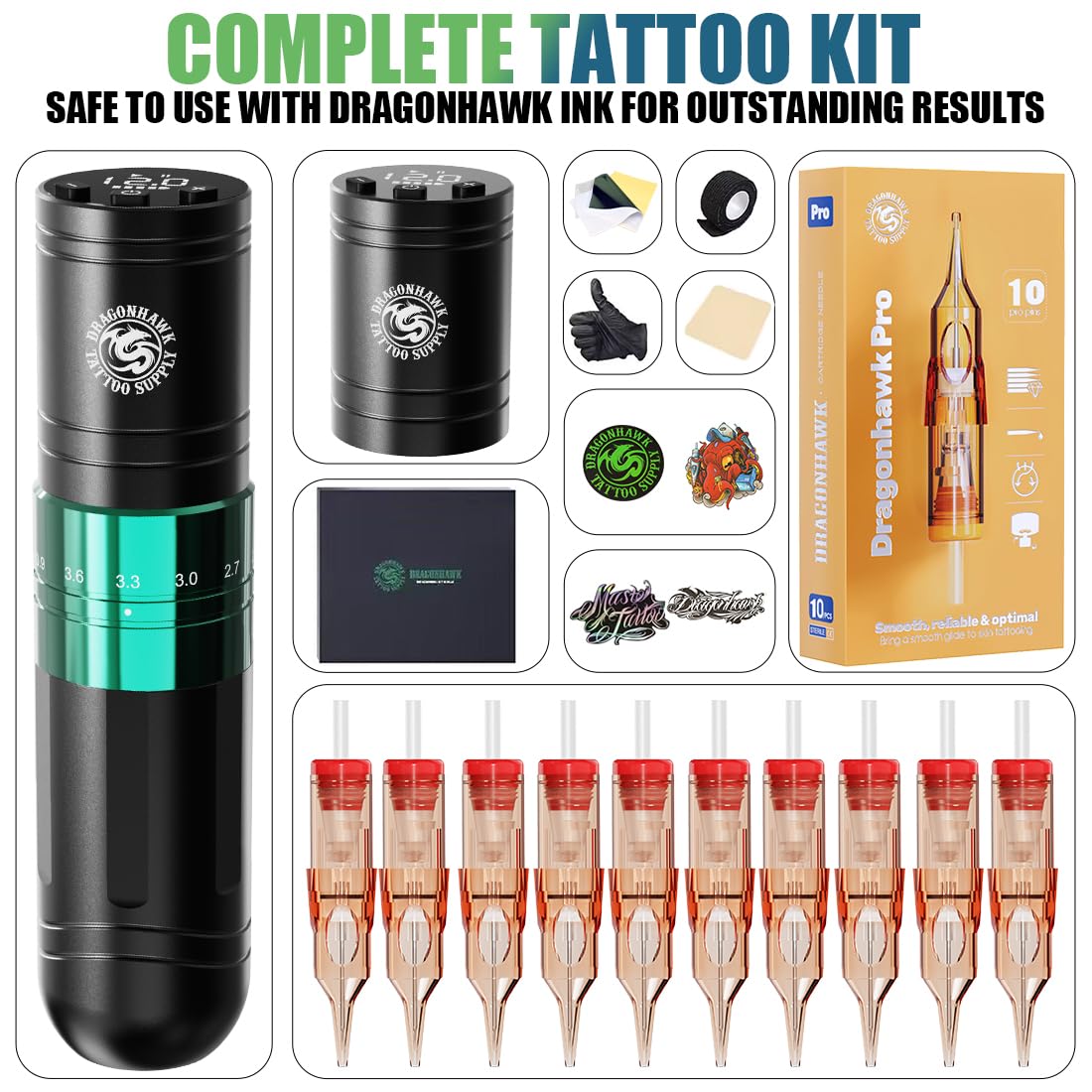 Dragonhawk A2 Wireless Tattoo Pen Kit – 2 Batteries, Adjustable Stroke 2.4–4.2mm, Quiet Mcore-A Motor