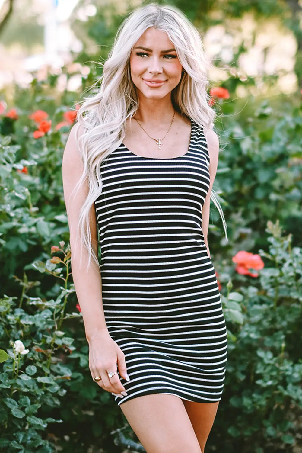 Black Stripe Ribbed Knit Bodycon Mini Dress Women UK | Sleeveless