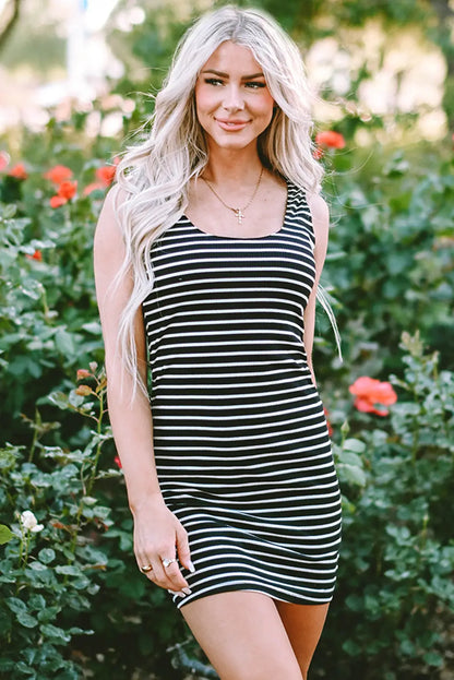 Black Stripe Ribbed Knit Bodycon Mini Dress Women UK | Sleeveless