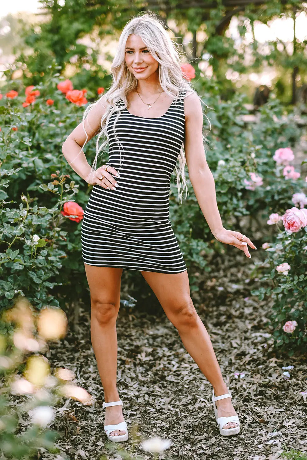 Black Stripe Ribbed Knit Bodycon Mini Dress Women UK | Sleeveless
