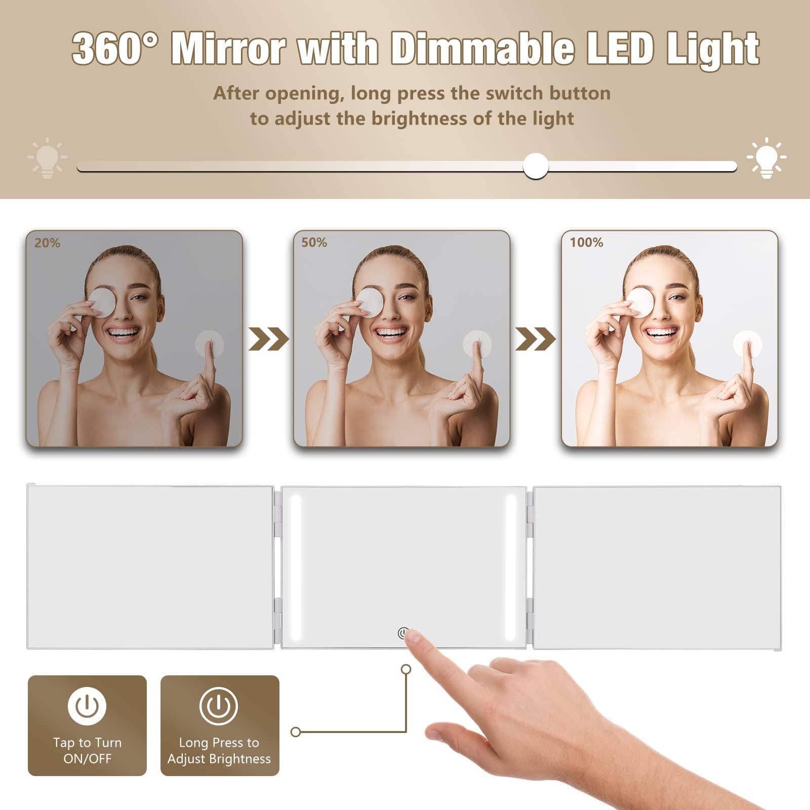 Dripex 3-Way Mirror with LED Lights – 360° Trifold Self-Grooming Mirror