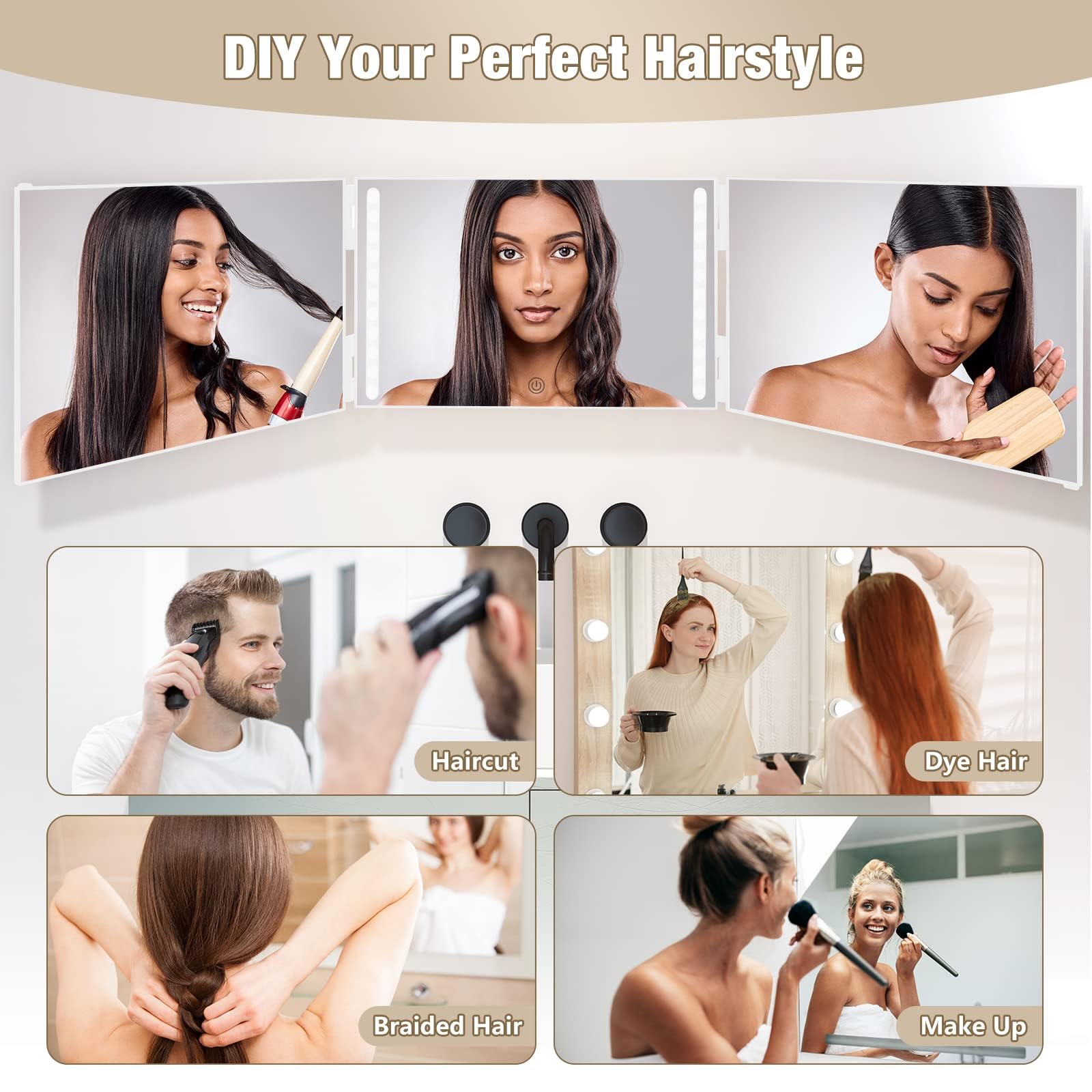 Dripex 3-Way Mirror with LED Lights – 360° Trifold Self-Grooming Mirror