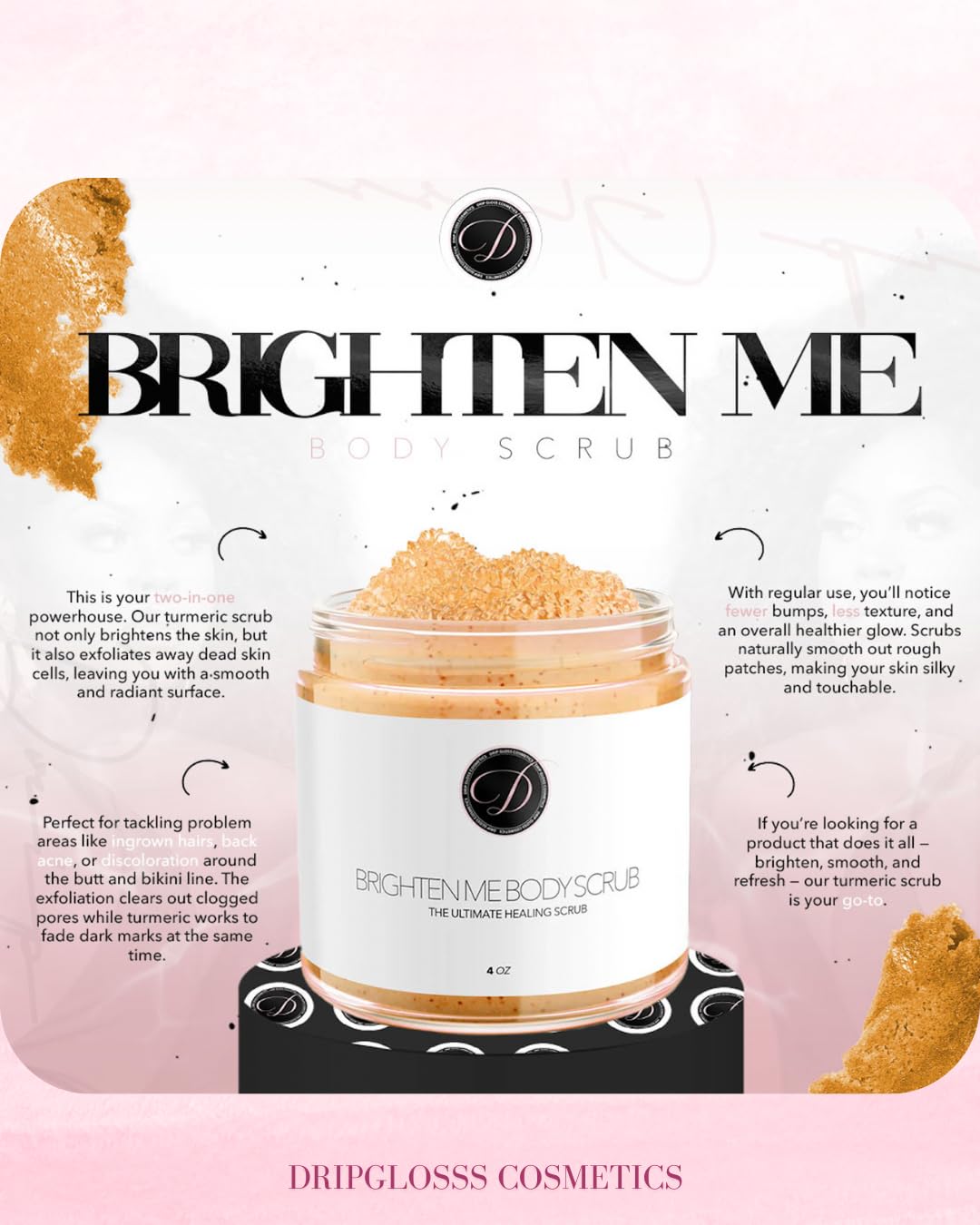 Dripglosss Brighten Me Scrub – Turmeric Sugar Scrub for Bikini Line & Inner Thighs (8 oz)