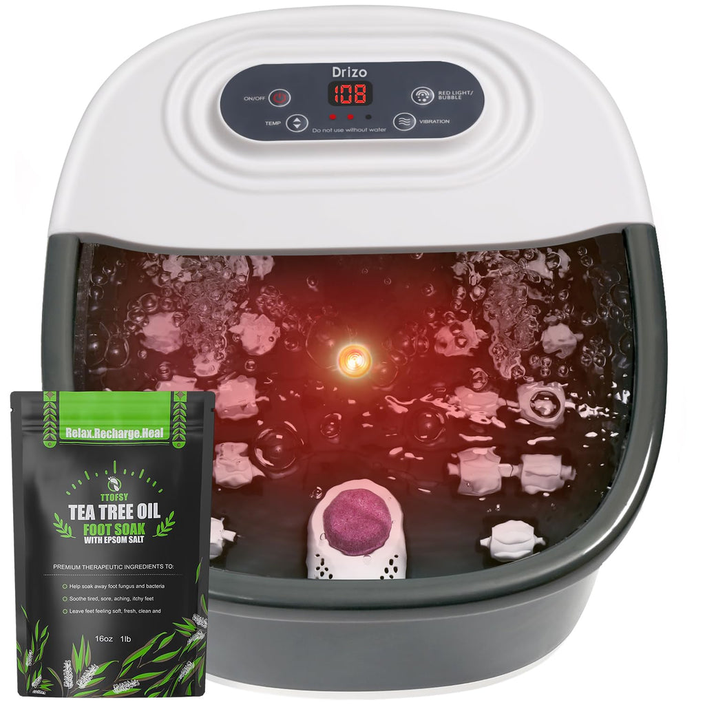 Drizo Foot Spa Massager with Heat, Bubbles, Infrared Light & 22 Shiatsu Rollers | Tea Tree Oil Salt Soak