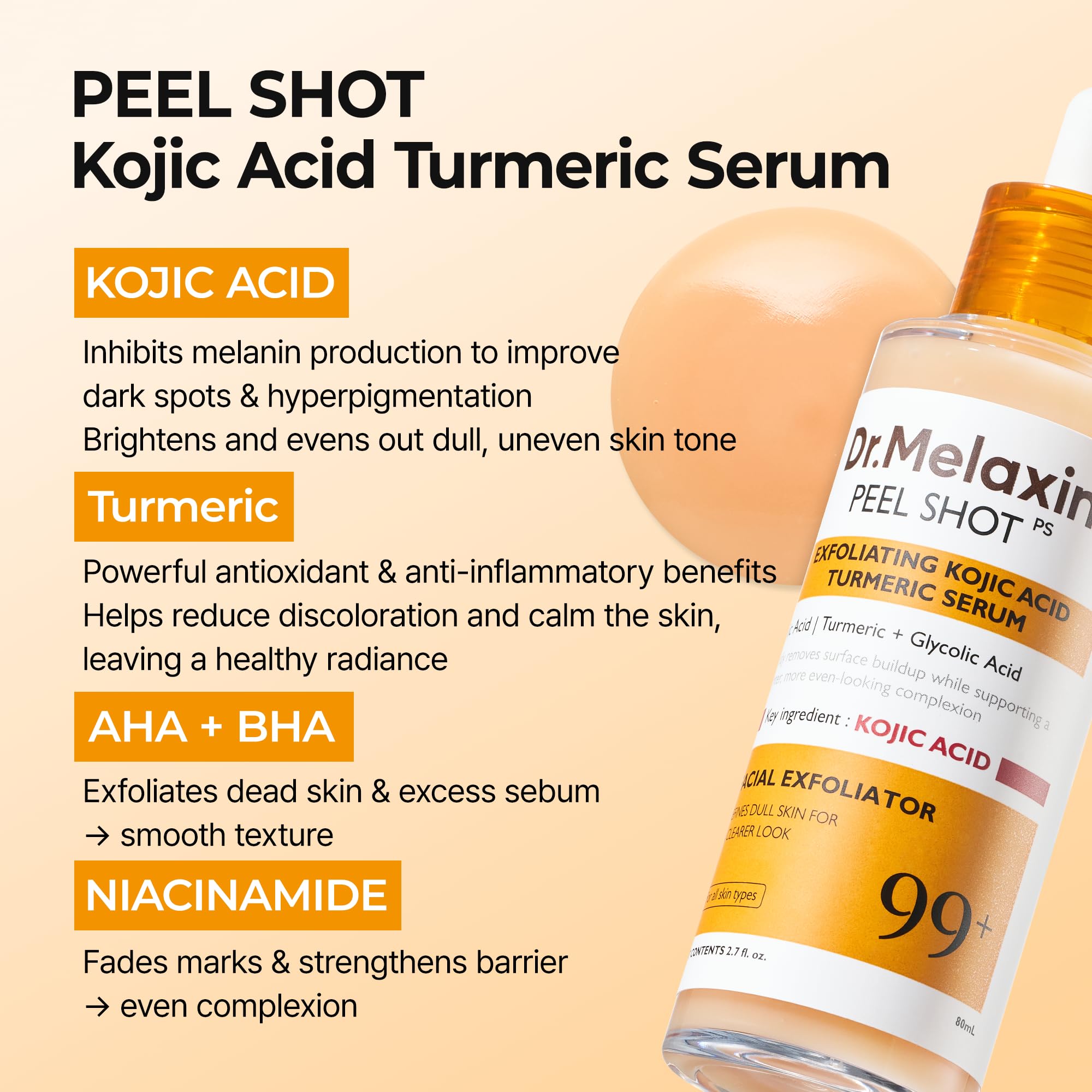 Dr.Melaxin Peel Shot Kojic Acid Turmeric Serum 80ml | Dark Spot Care & Exfoliation