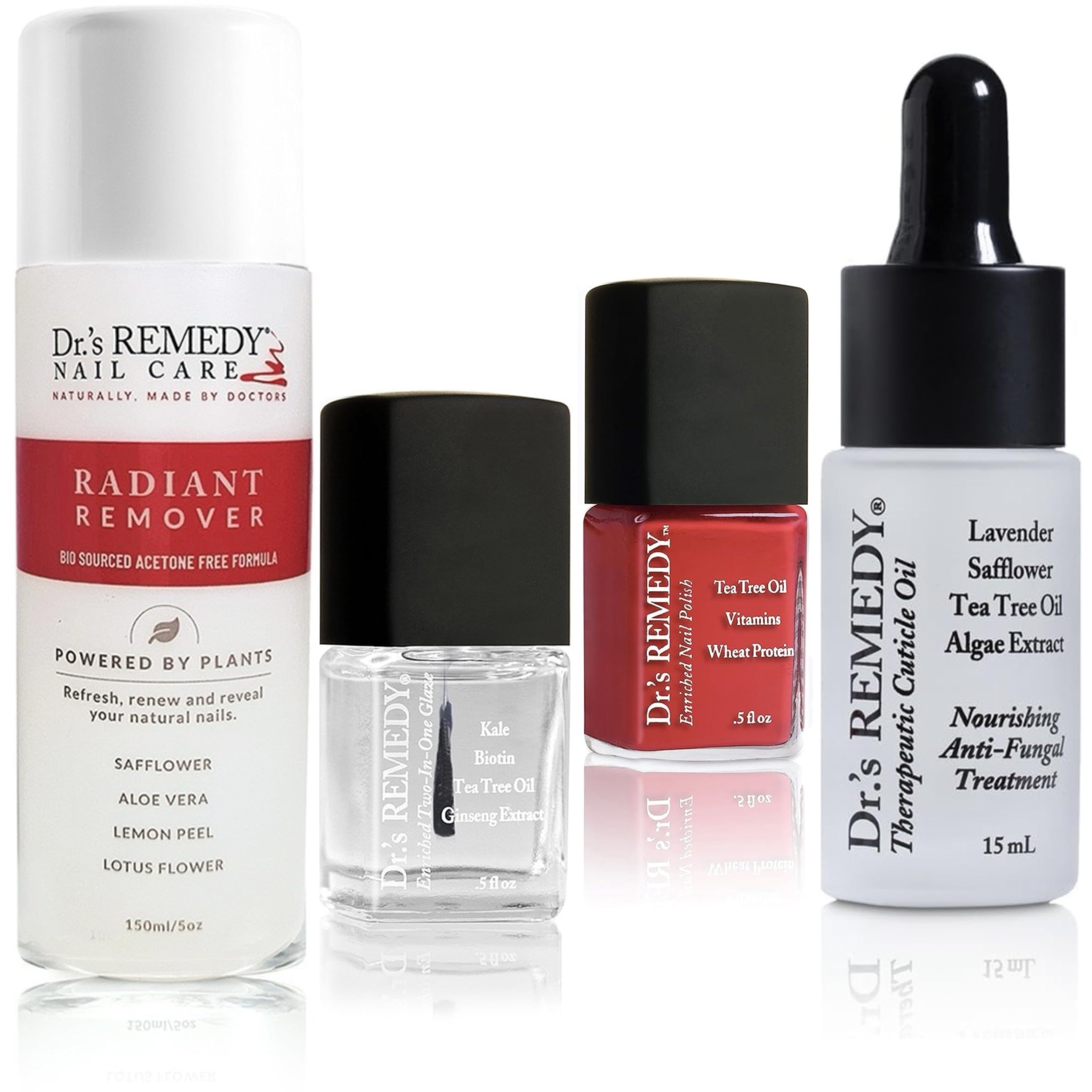 Dr.'s Remedy 4-Pack Nail Polish Treatment Kit | Start To Finish Kit With Radiant Remover, Therapeutic Cuticle Oil & Clarity Coral
