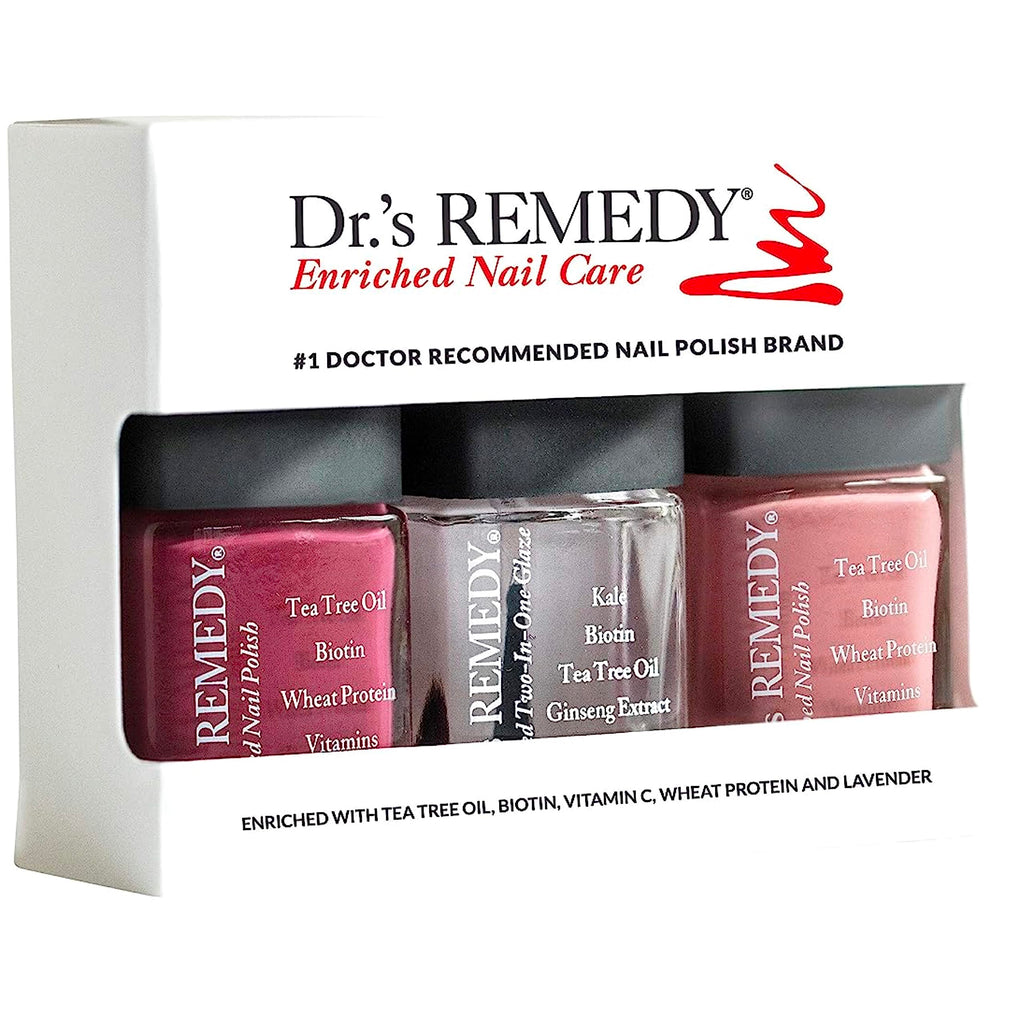 Dr.'s Remedy 3 Pack Nail Polish Kit – Anniversary Set: Brave Berry, Resilient Rose, Total Two-in-One Glaze | Non-Toxic, All-Natural Nail Strengthener