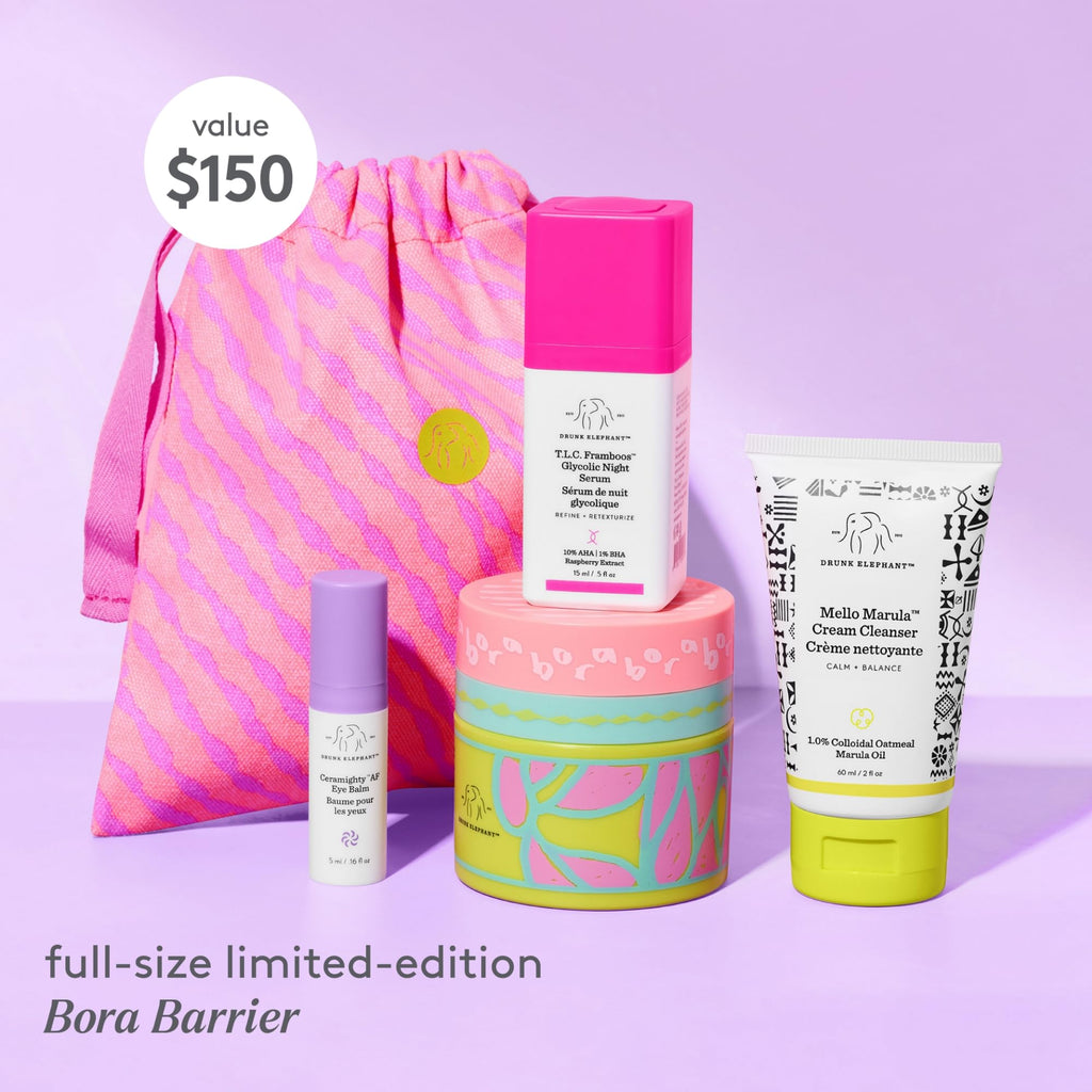 Drunk Elephant Opening Night Kit: Bora Barrier, Mello Marula Cleanser, TLC Framboos, Ceramighty