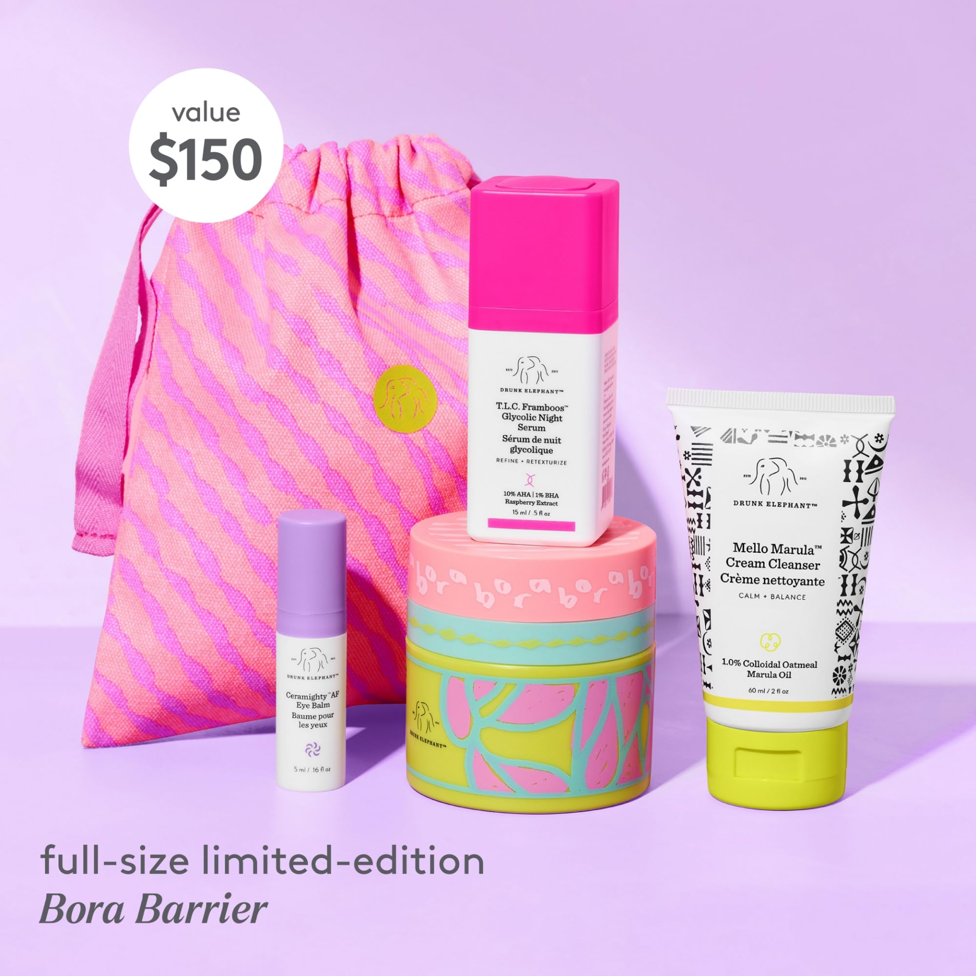 Drunk Elephant Opening Night Kit: Bora Barrier, Mello Marula Cleanser, TLC Framboos, Ceramighty