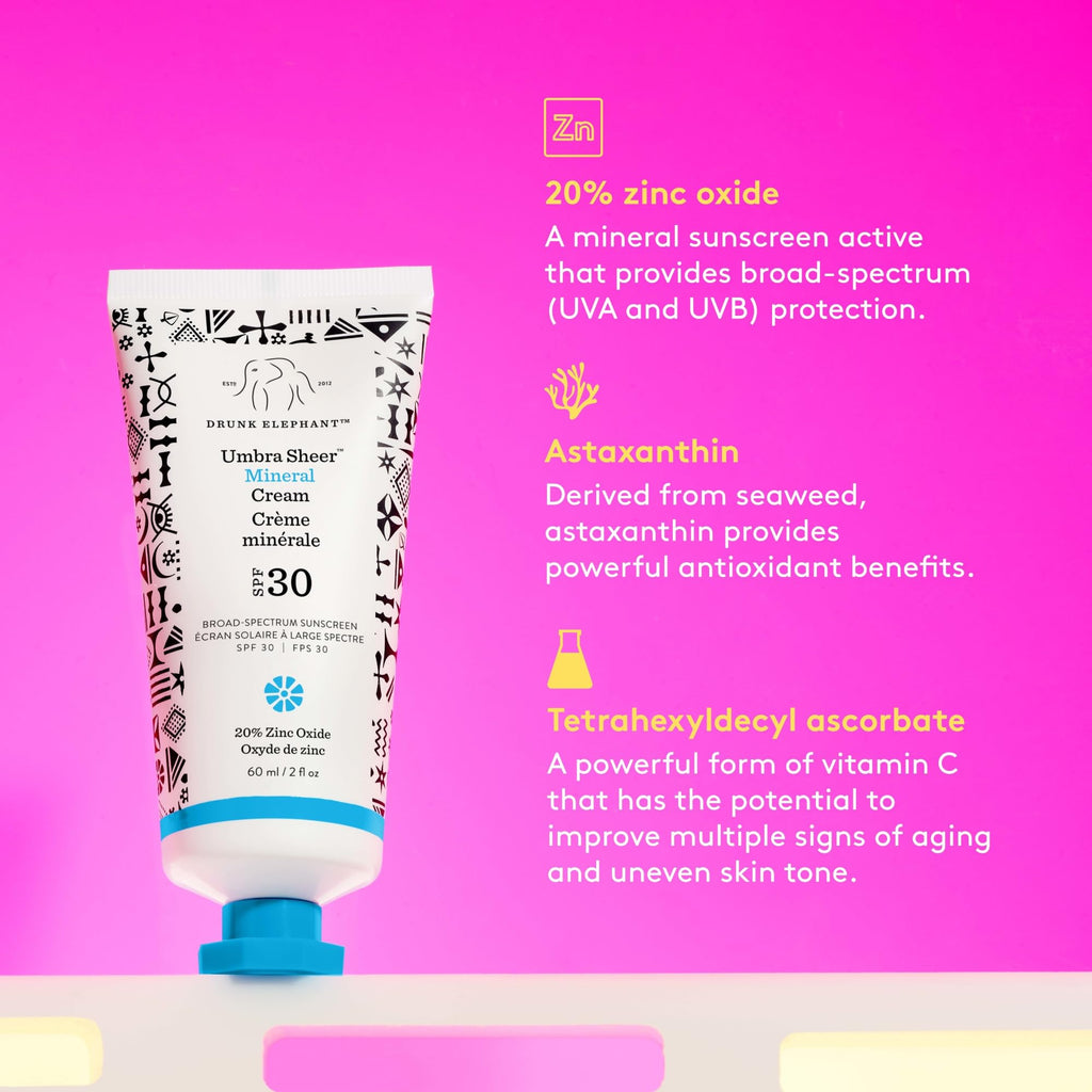 Drunk Elephant Umbra Sheer Mineral Cream SPF 30 – 60 ml / 2 fl oz | Clean Mineral Sunscreen