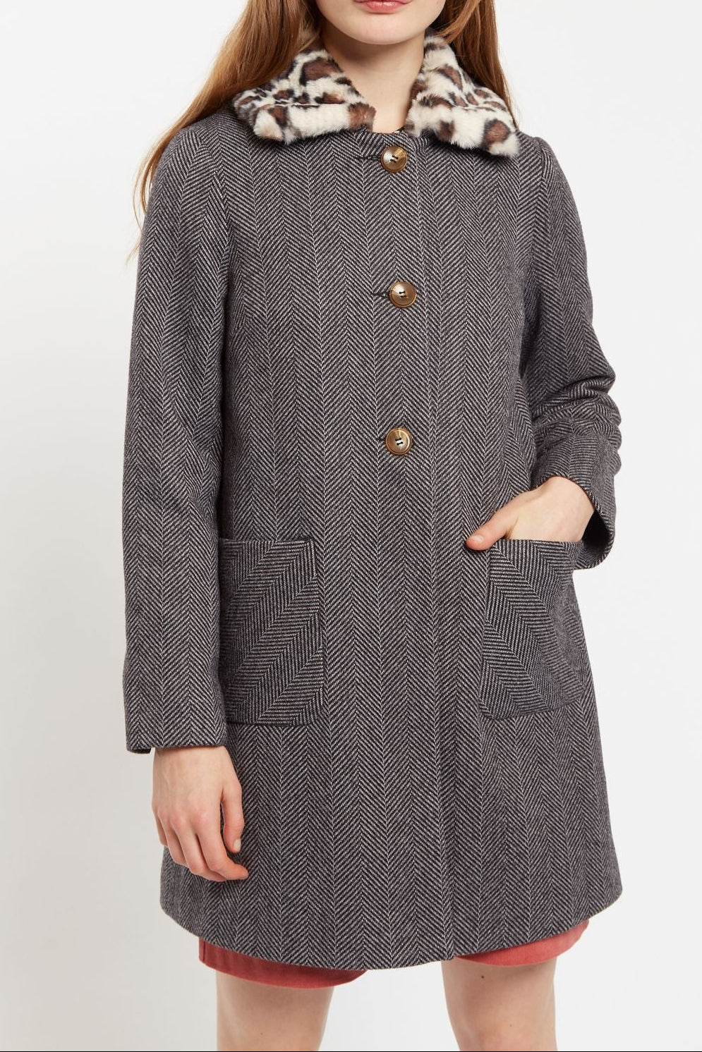 Dryden Herringbone Faux Fur Collar A Line Coat