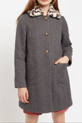 Dryden Herringbone Faux Fur Collar A Line Coat