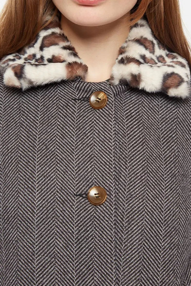 Dryden Herringbone Faux Fur Collar A Line Coat