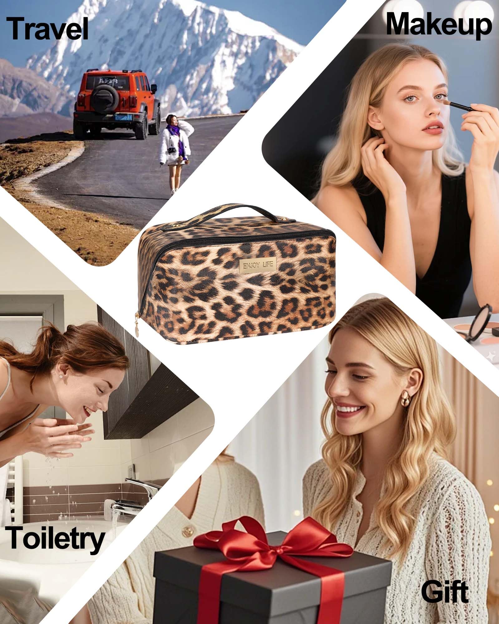 DSDCDJ Travel Makeup Bag - Large Open-Flat Organizer, Leopard Waterproof Leather