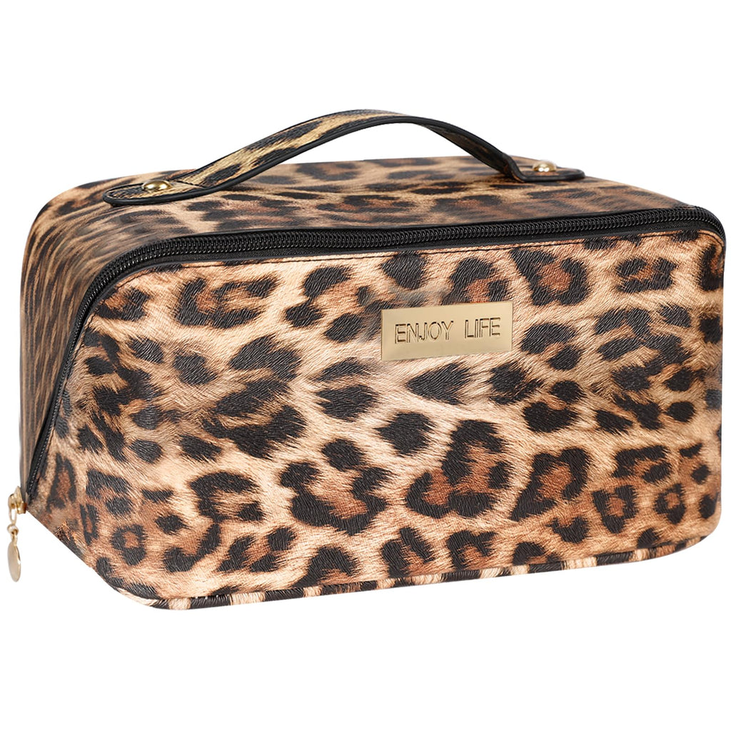 DSDCDJ Travel Makeup Bag - Large Open-Flat Organizer, Leopard Waterproof Leather