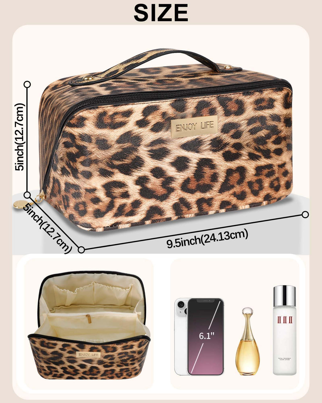 DSDCDJ Travel Makeup Bag - Large Open-Flat Organizer, Leopard Waterproof Leather