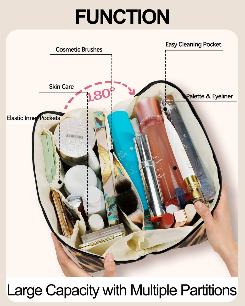 DSDCDJ Travel Makeup Bag - Large Open-Flat Organizer, Leopard Waterproof Leather