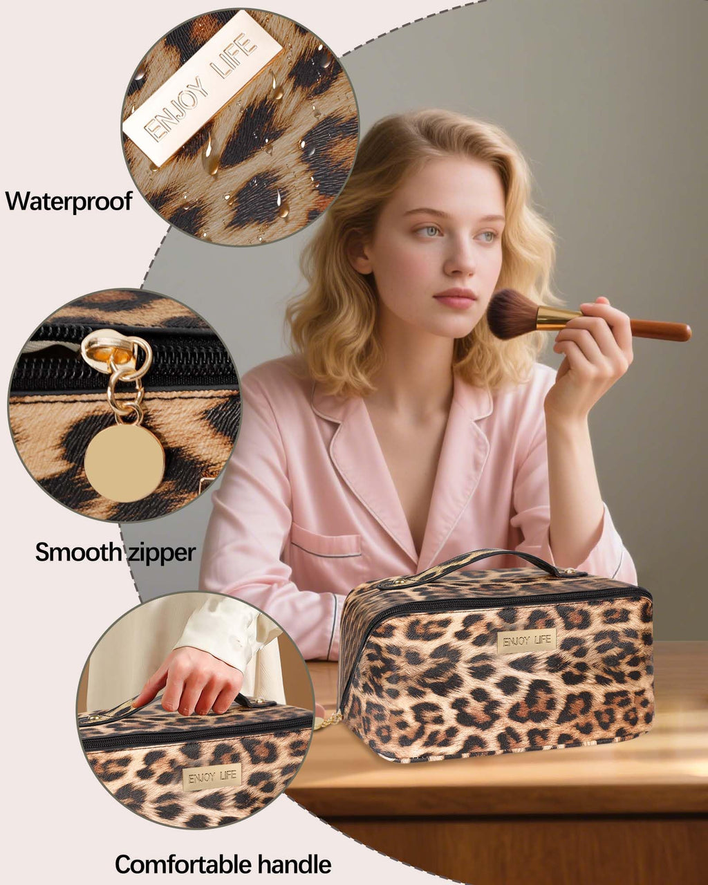 DSDCDJ Travel Makeup Bag - Large Open-Flat Organizer, Leopard Waterproof Leather