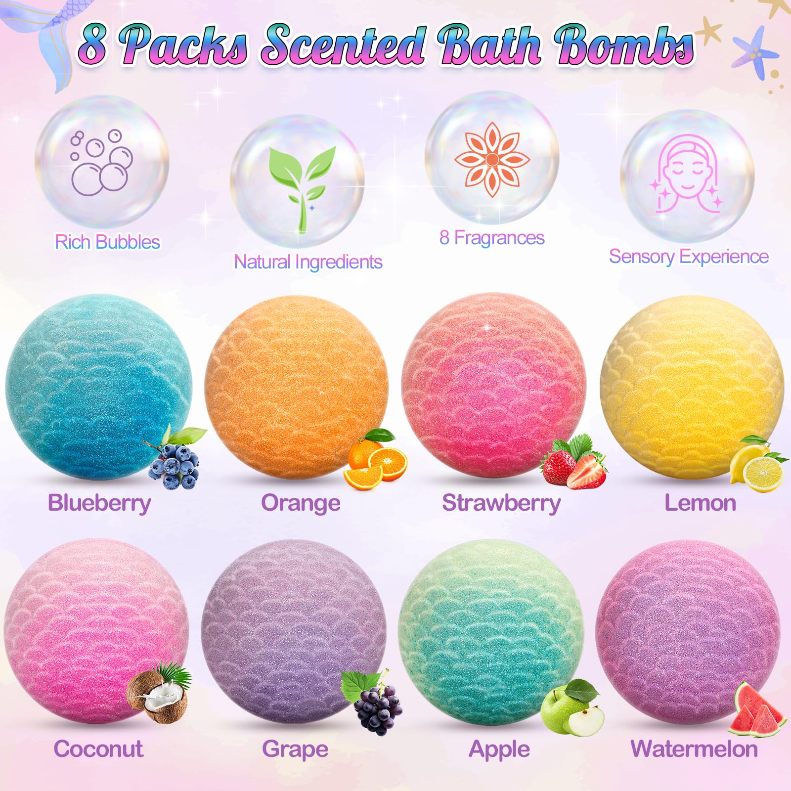 Duchong 8-Pack Mermaid Bath Bombs for Kids – Surprises Inside, Colorful Bubbles