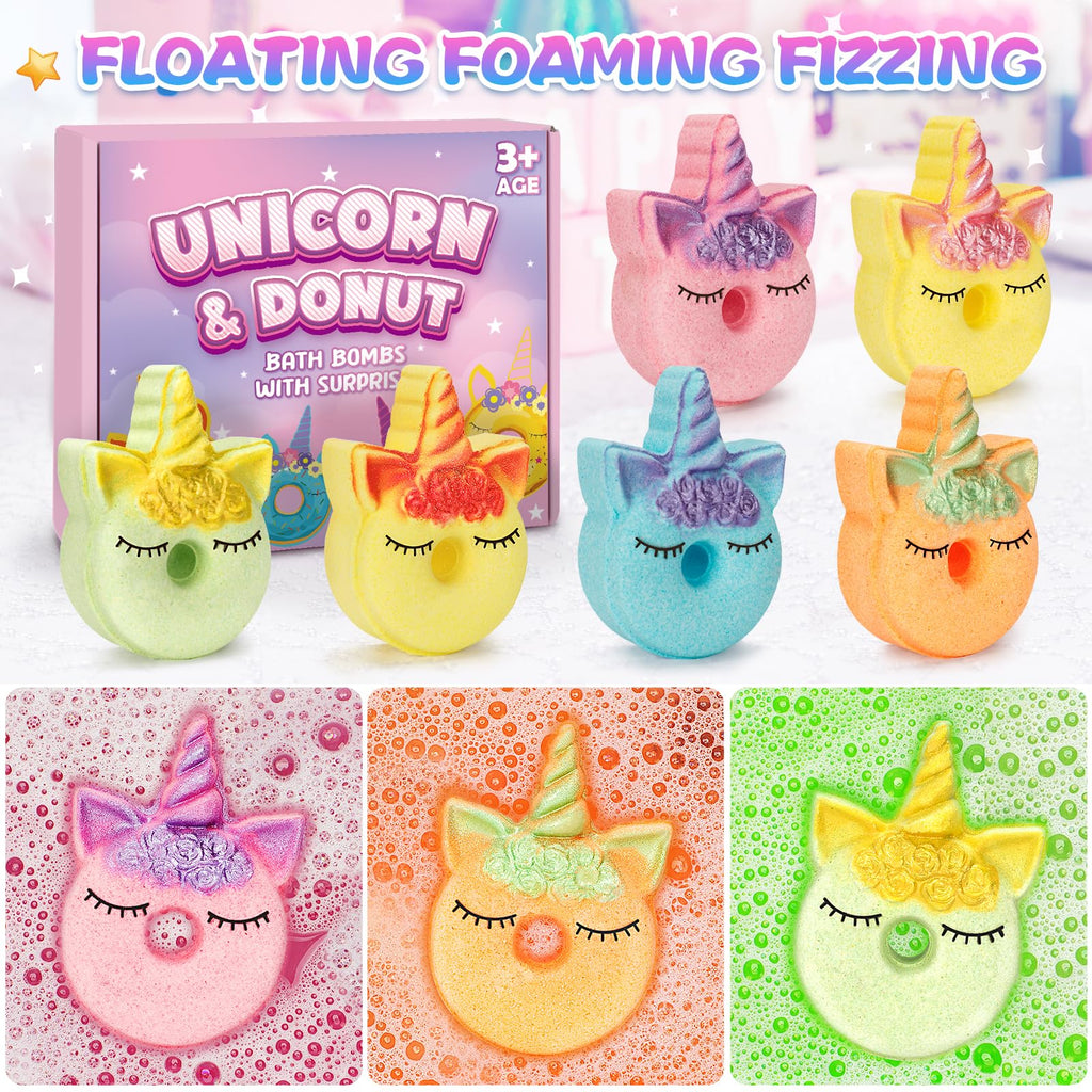 Duchong Unicorn Donut Bath Bombs — 6-Pack with Surprise Toys for Girls 4-8