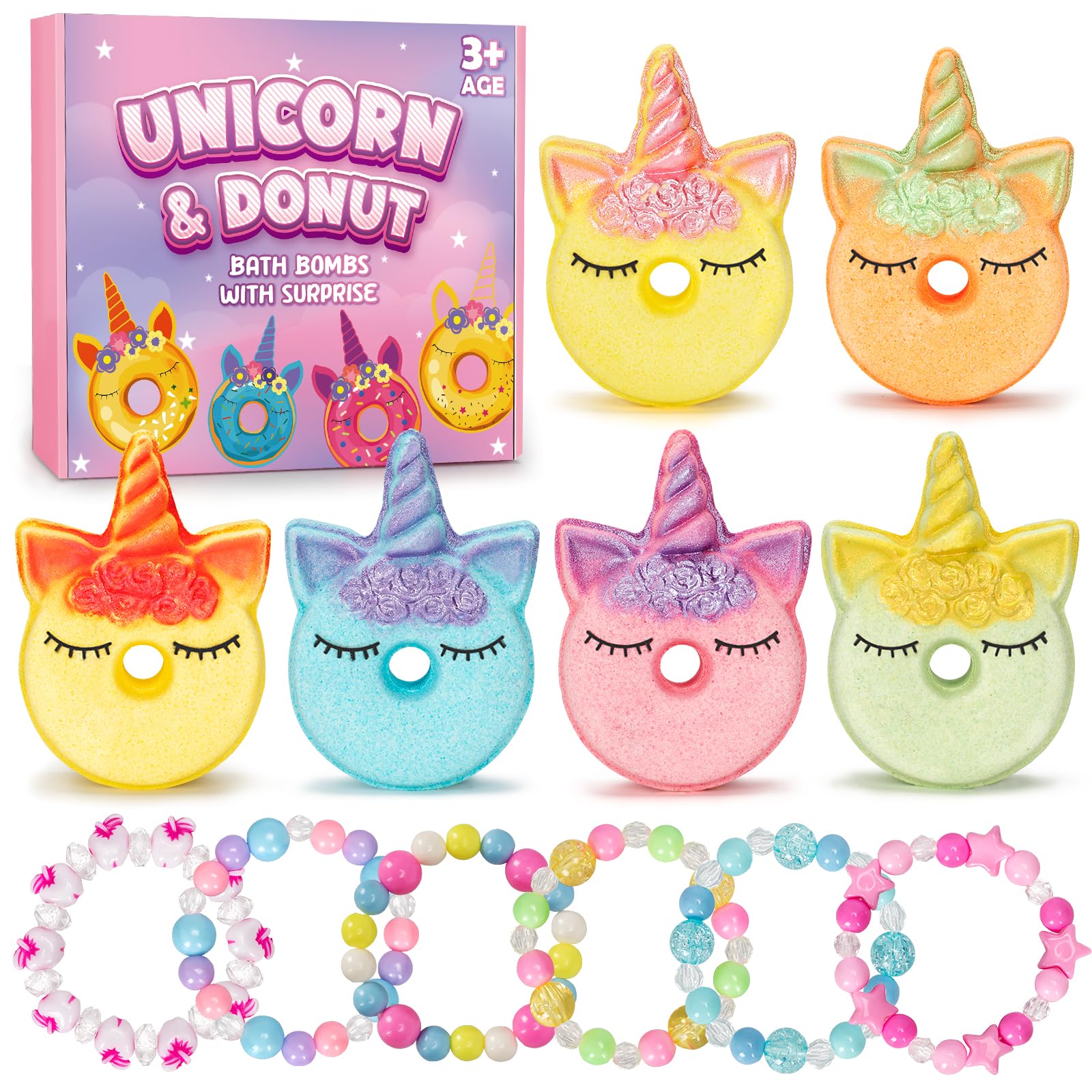 Duchong Unicorn Donut Bath Bombs — 6-Pack with Surprise Toys for Girls 4-8
