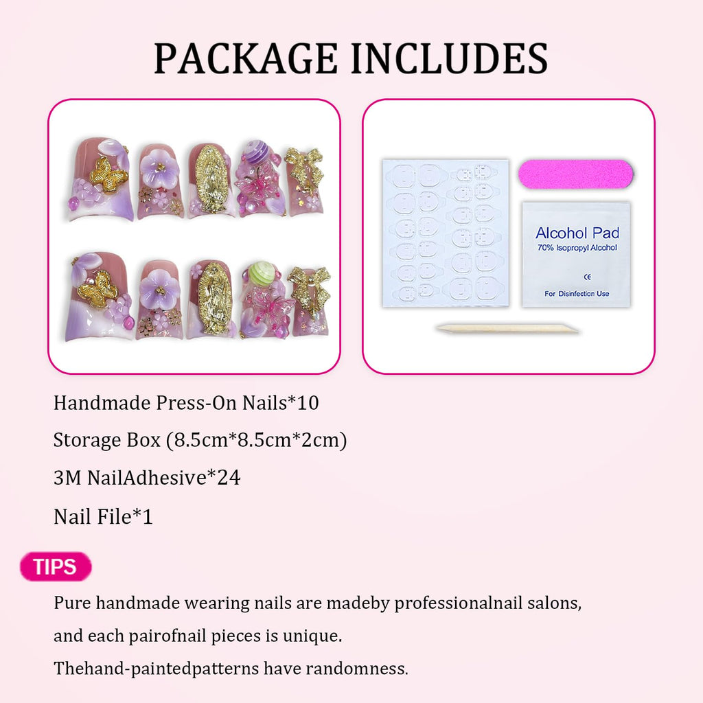 Duck Handmade Press-On Nails Purple-White Gradient | 3D Flower, Lollipop & Bow Design (10pcs)
