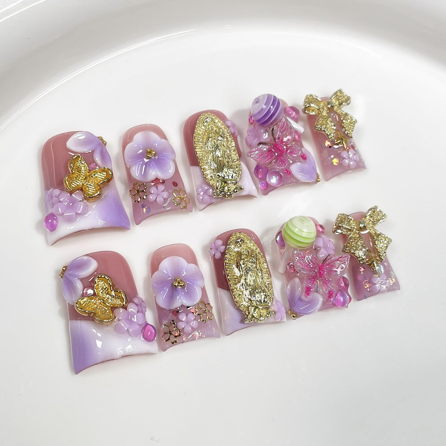 Duck Handmade Press-On Nails Purple-White Gradient | 3D Flower, Lollipop & Bow Design (10pcs)