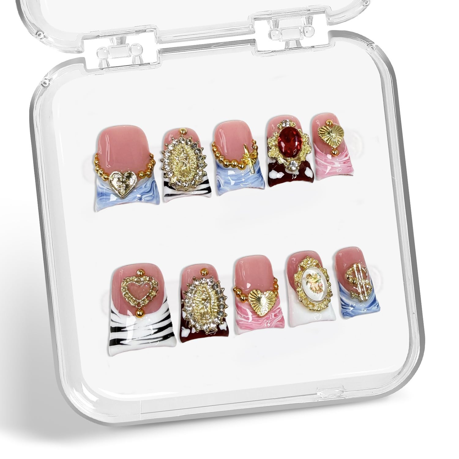 Duck Press on Nails – Handmade 3D Gold Embossed Rhinestone Short Nails (Size S)