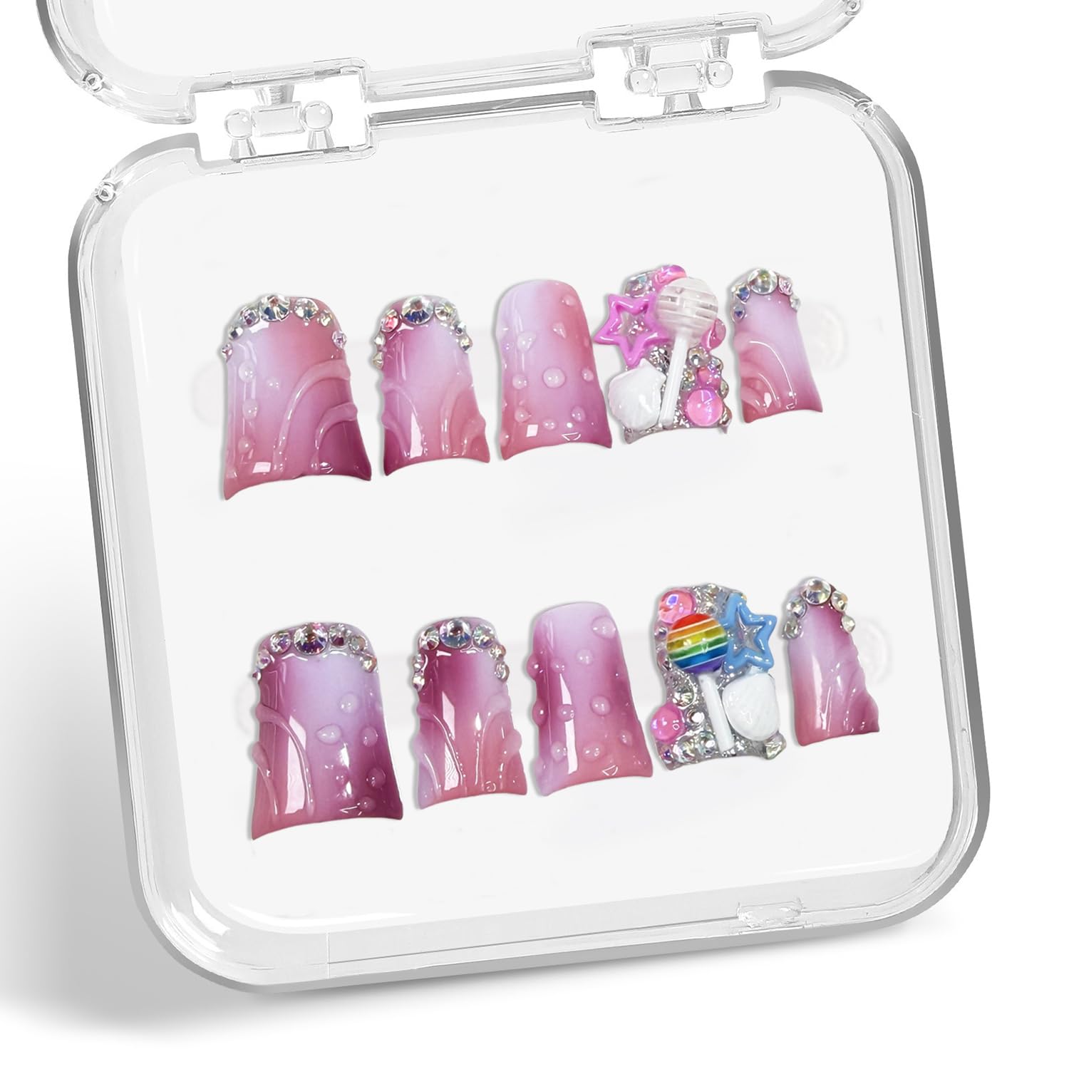 Duck Press on Nails - Handmade 3D Lollipop & Stars, Rhinestones, Pink White Gradient