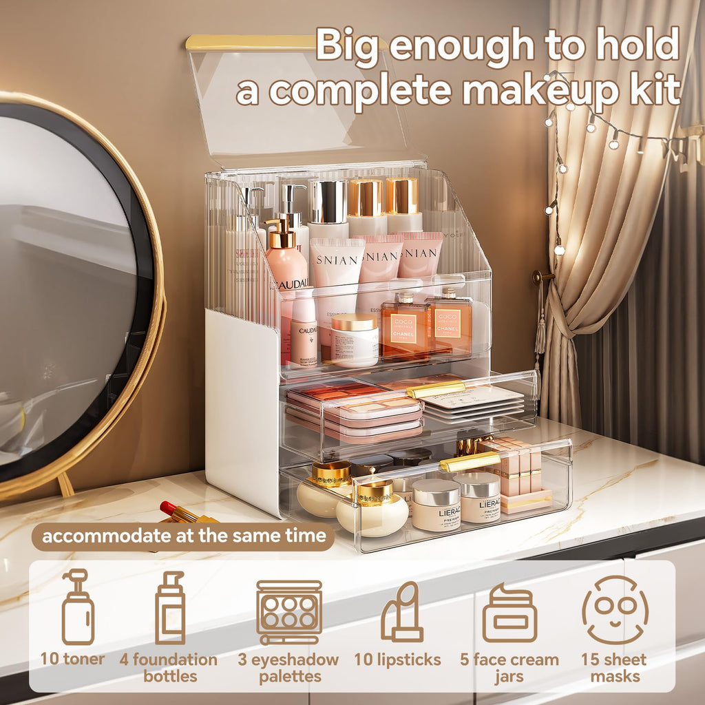 Ducoak 3-Tier Makeup Organizer with Lid – Clear Vanity Storage