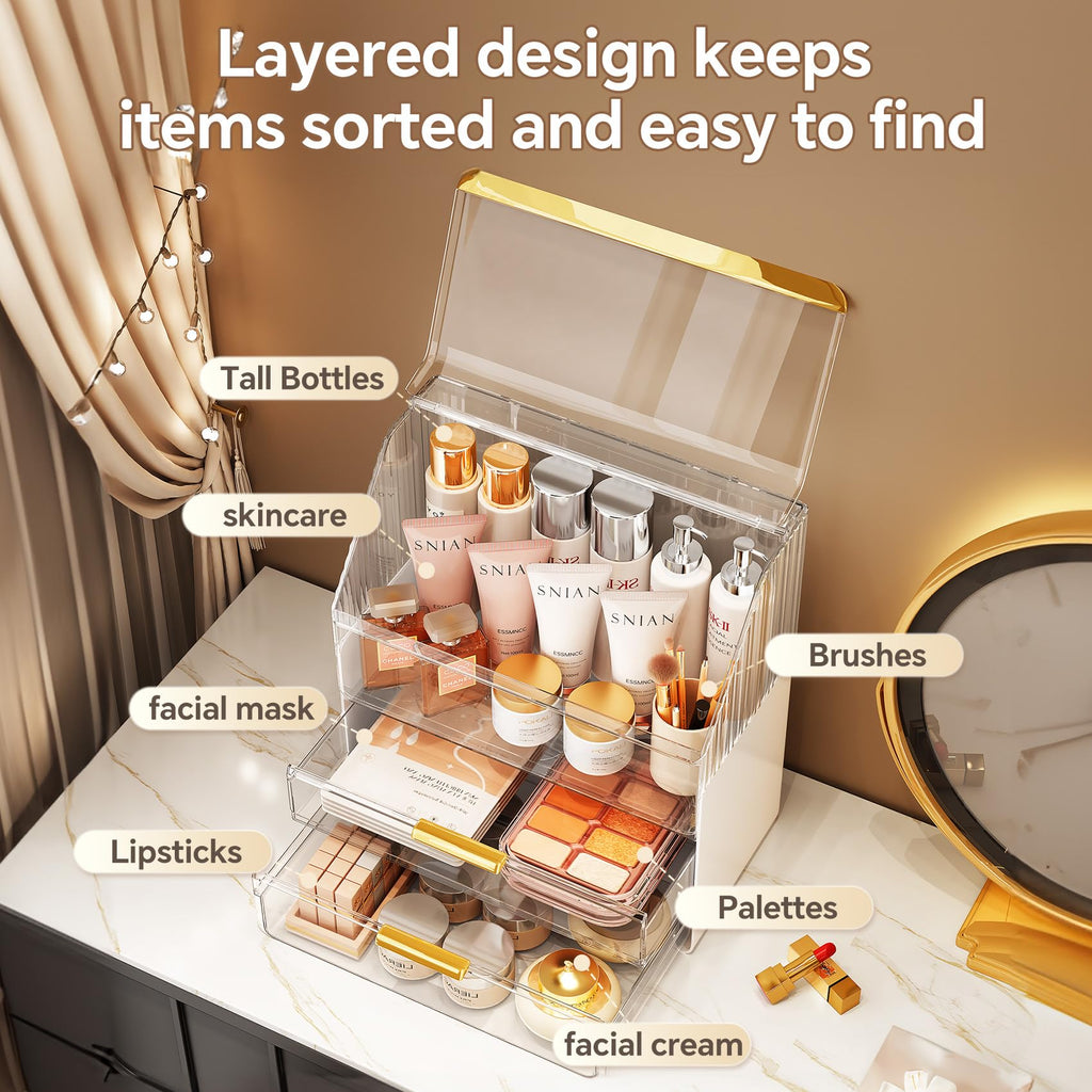 Ducoak 3-Tier Makeup Organizer with Lid – Clear Vanity Storage