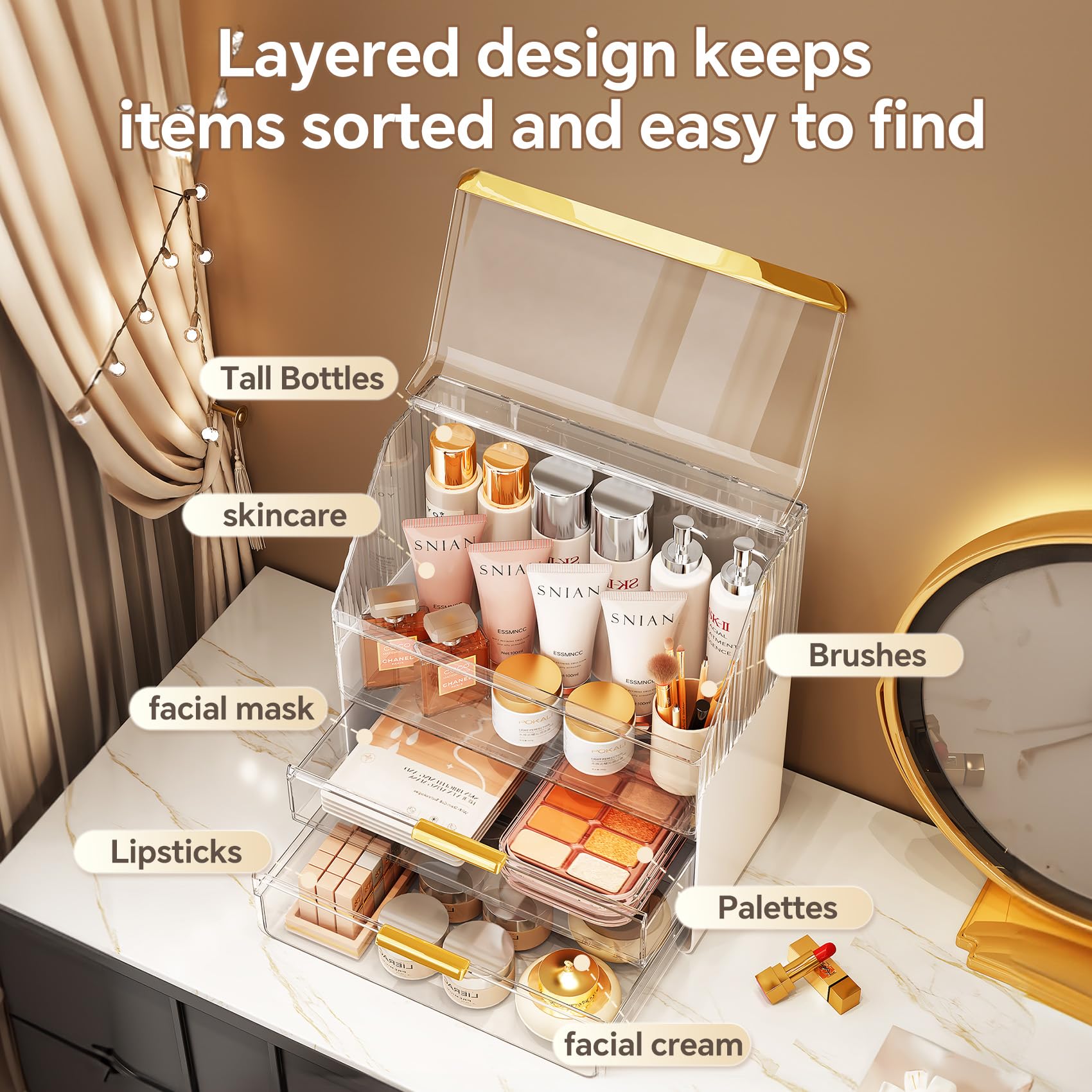 Ducoak 3-Tier Makeup Organizer with Lid – Clear Vanity Storage