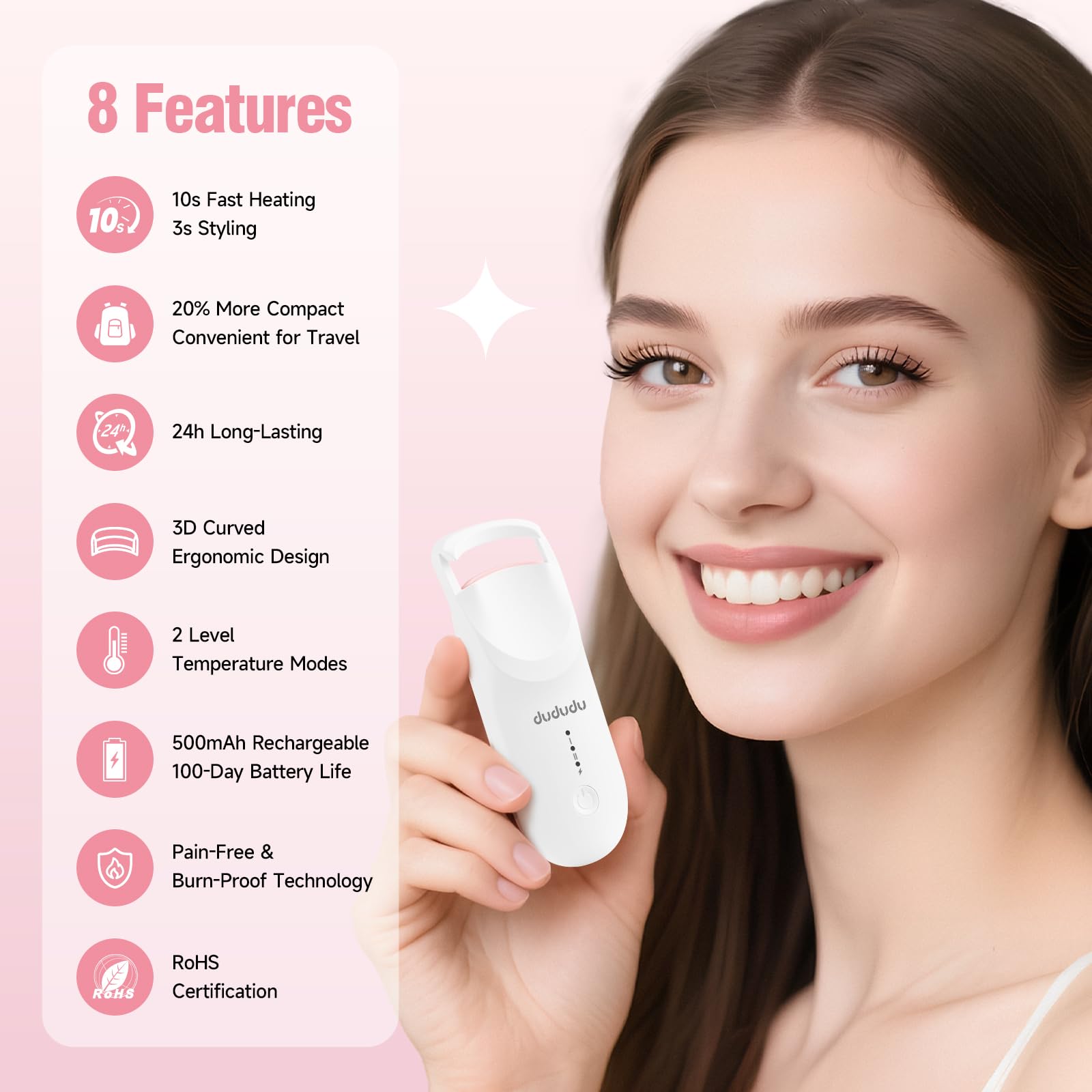 DUDUDU Heated Eyelash Curler – Portable Mini, 2-Temp, Type-C Recharge, 10s Heat