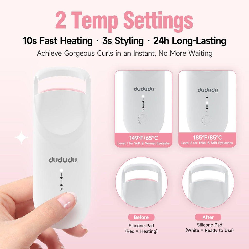 DUDUDU Heated Eyelash Curler – Portable Mini, 2-Temp, Type-C Recharge, 10s Heat