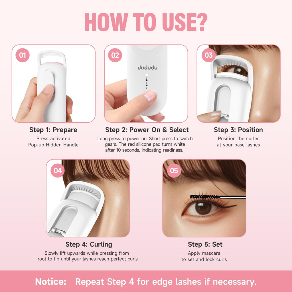 DUDUDU Heated Eyelash Curler – Portable Mini, 2-Temp, Type-C Recharge, 10s Heat