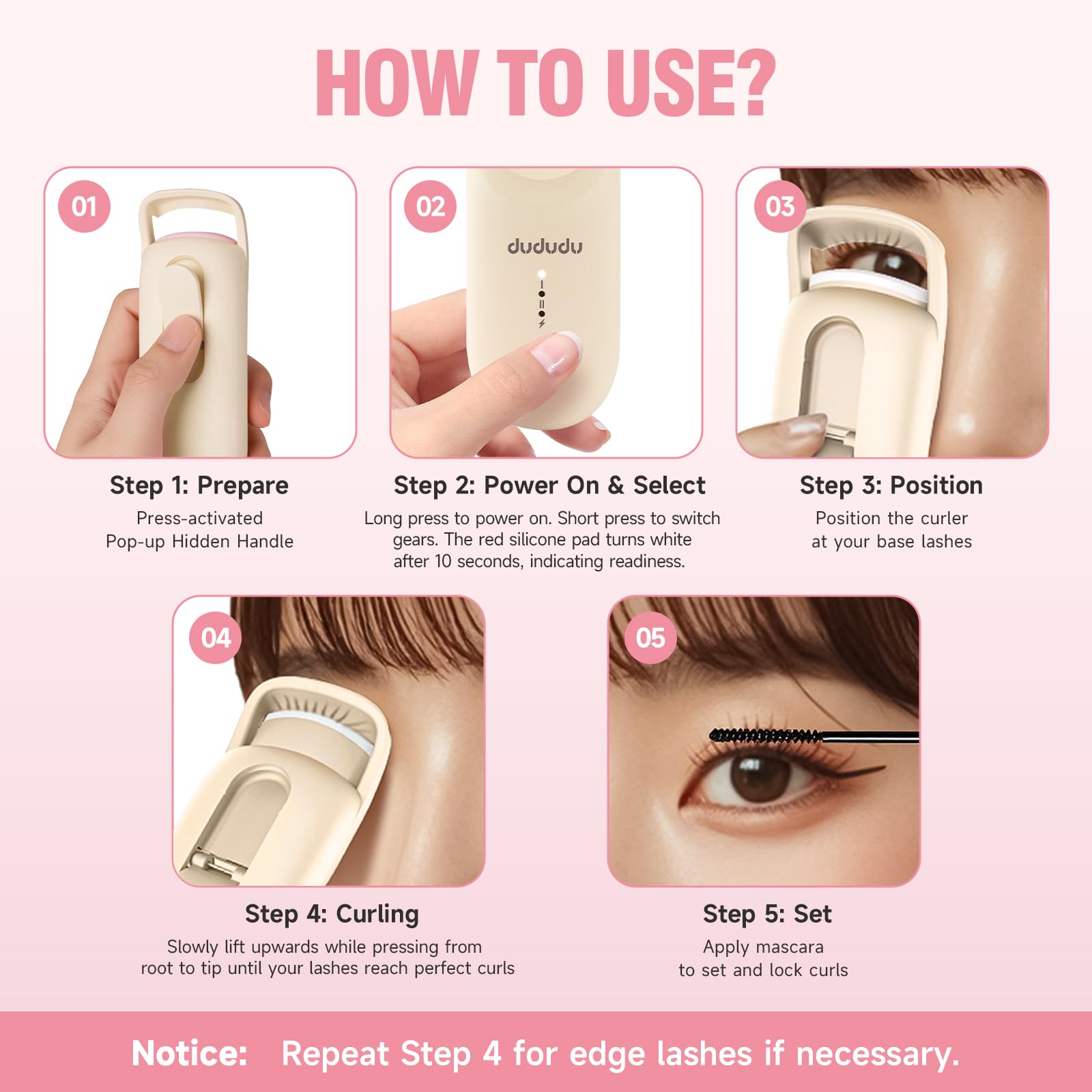 DUDUDU Heated Eyelash Curler – 2-Temp, 10S Heat, Portable Travel-Size
