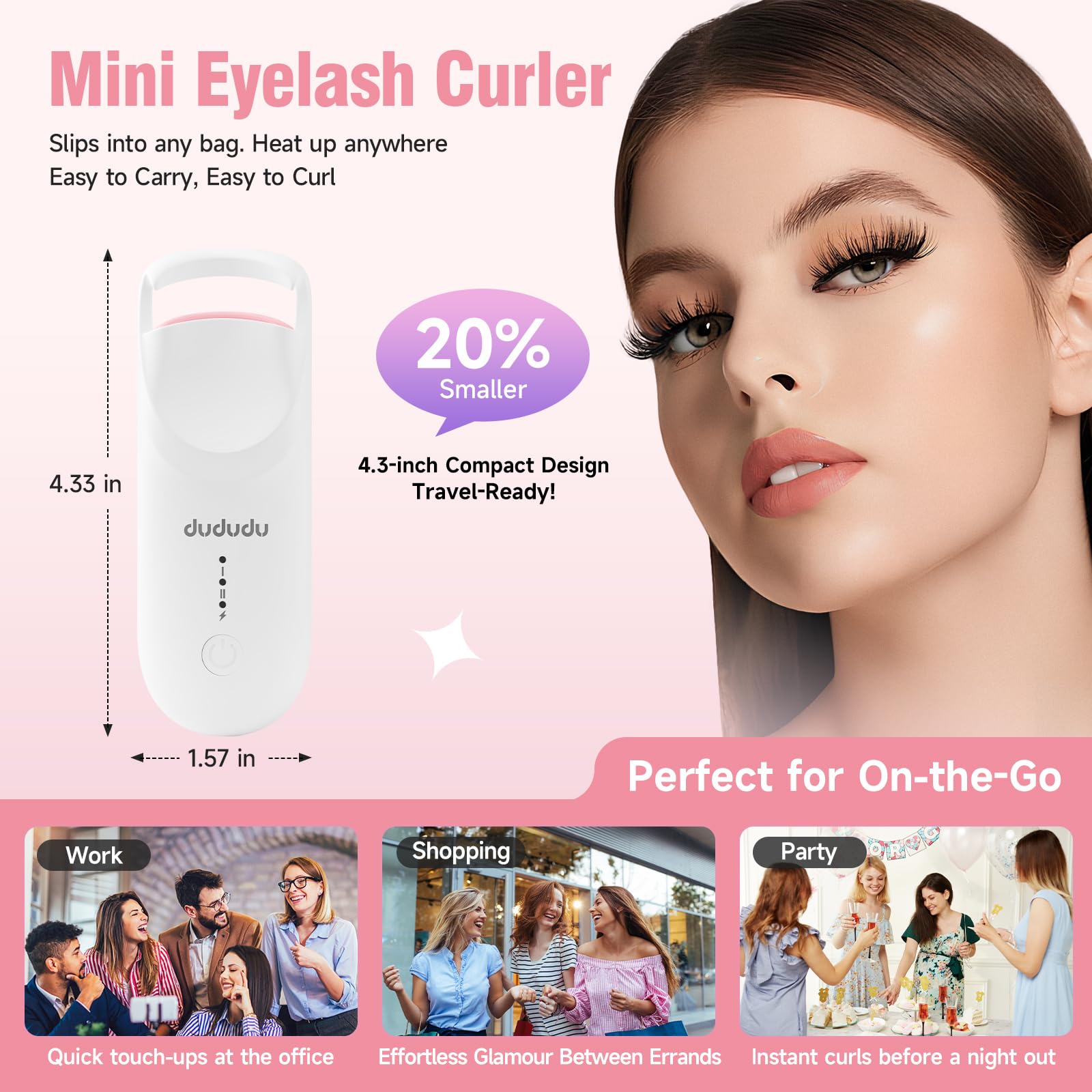DUDUDU Heated Eyelash Curler – Portable Mini, 2-Temp, Type-C Recharge, 10s Heat