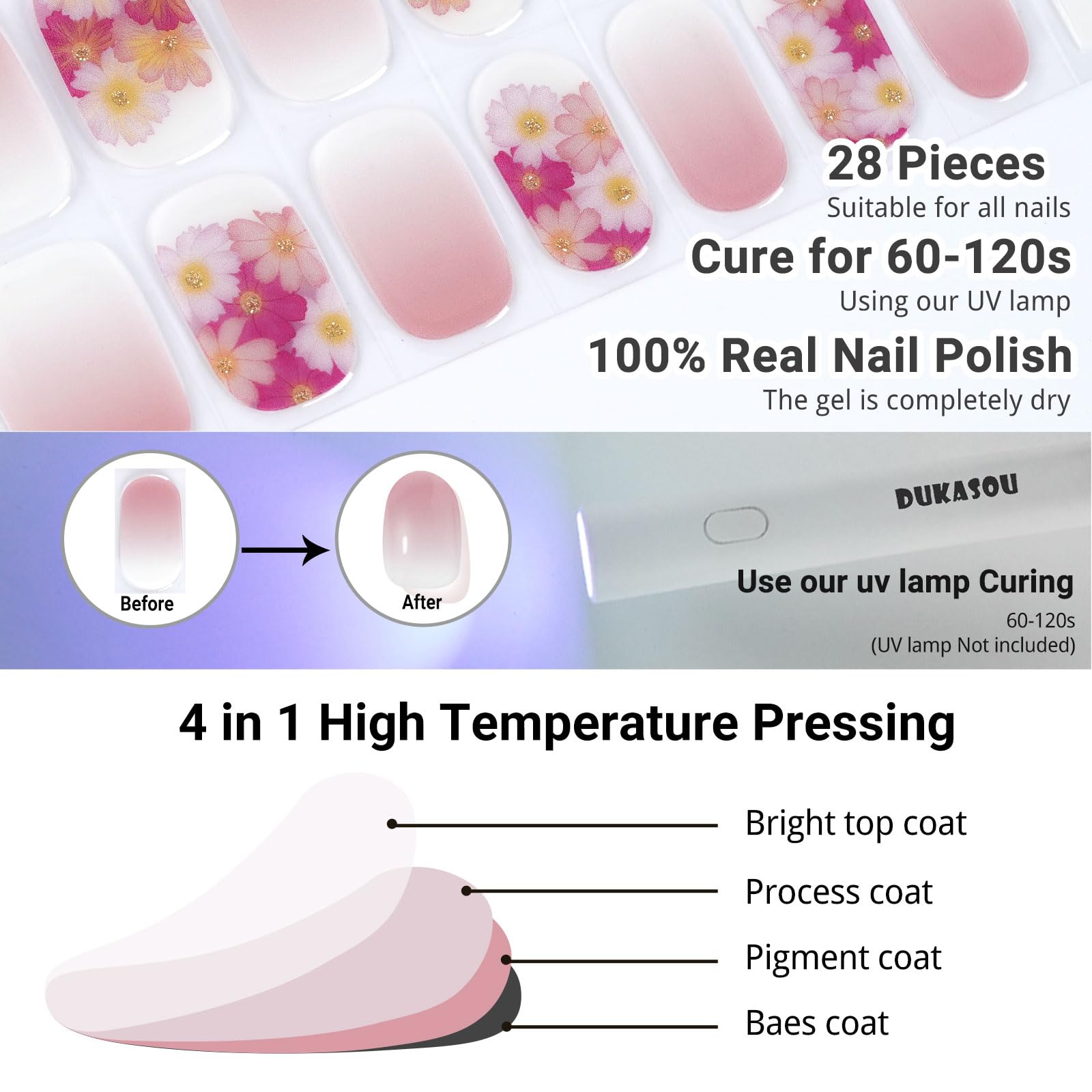 DUKASOU Semi Cured Gel Nail Strips – Spring Blossoms (28 Pcs) | DIY Nails, Salon-Quality UV Stickers