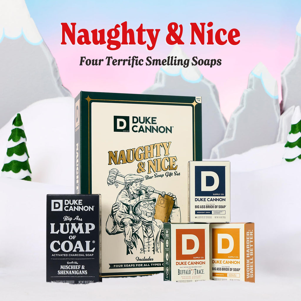 Duke Cannon Lump of Coal Gift Set - 10 oz Bar + 3 Junior Bars (American Bourbon, Sawtooth, Midnight Swim)
