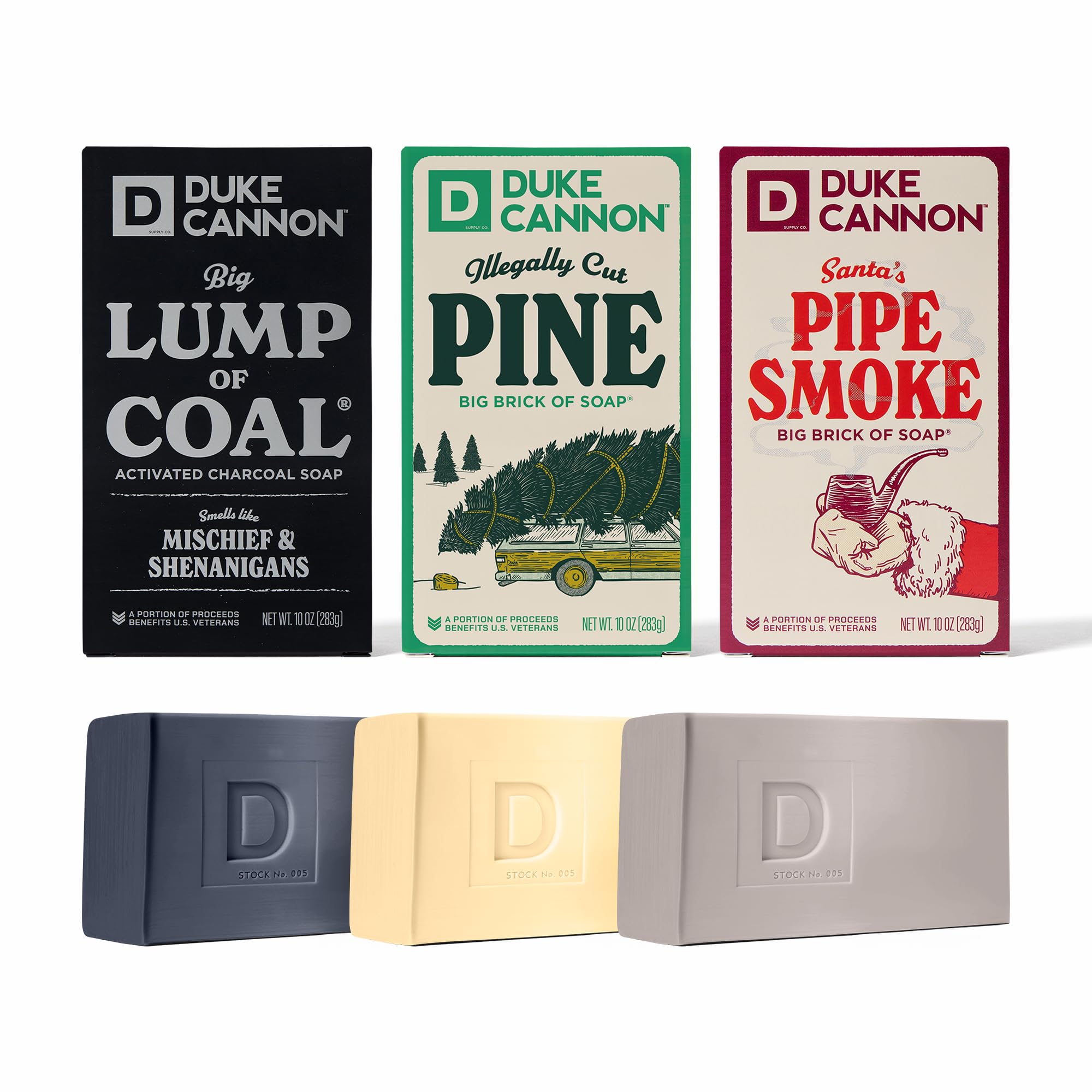 Duke Cannon Holiday 3-Pack Soap Bars – Big Lump of Coal, Illegally Cut Pine & Frothy the Beer Man, 10 oz Each