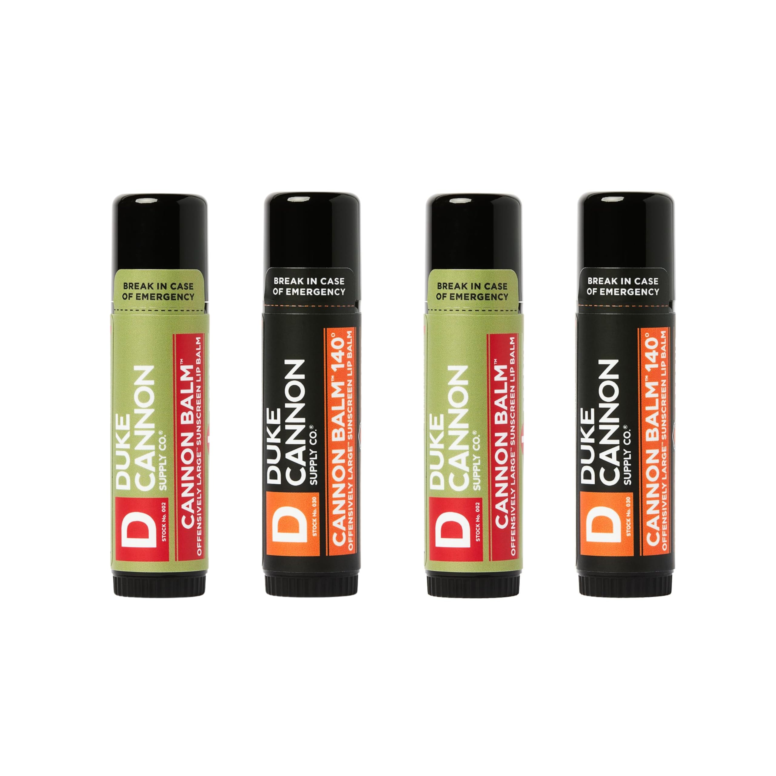 Duke Cannon Cannon Lip Balm 140° & Tactical Lip Protectant Bundle – SPF 30 & SPF 15 (Blood Orange Mint & Fresh Mint), 4-Pack