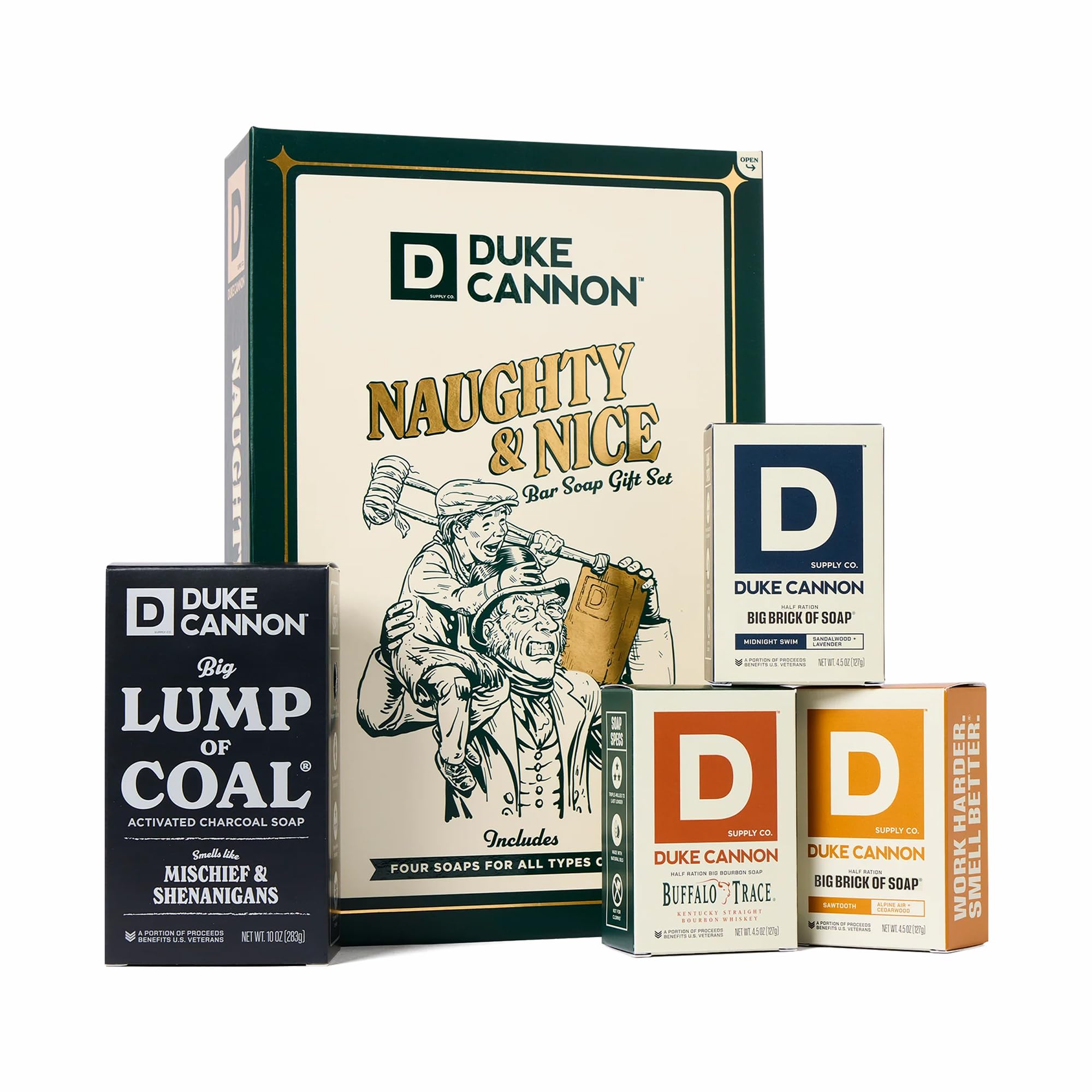 Duke Cannon Lump of Coal Gift Set - 10 oz Bar + 3 Junior Bars (American Bourbon, Sawtooth, Midnight Swim)