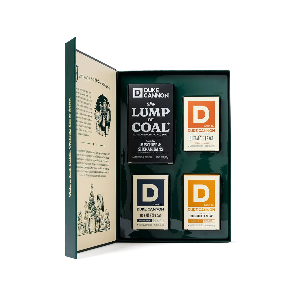 Duke Cannon Lump of Coal Gift Set - 10 oz Bar + 3 Junior Bars (American Bourbon, Sawtooth, Midnight Swim)